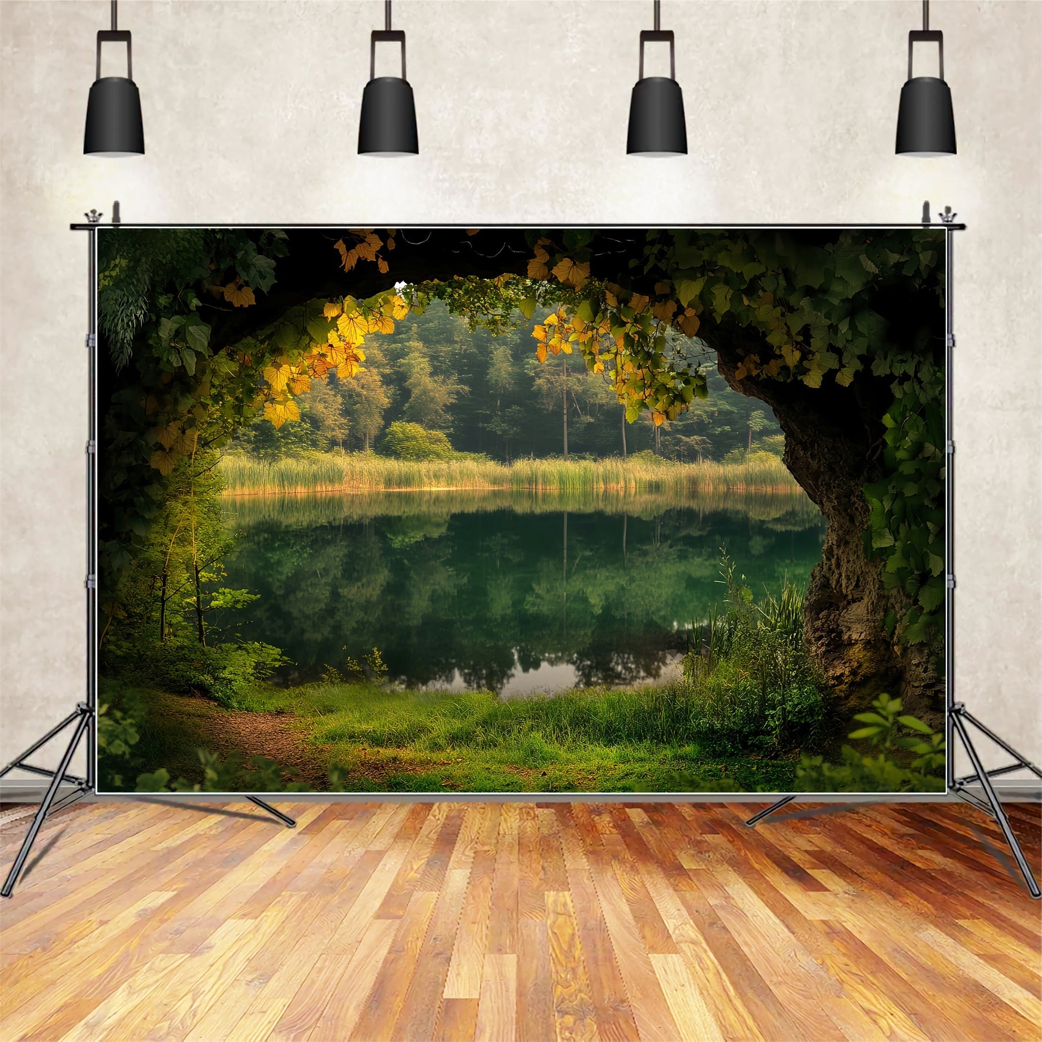 Rainforest Lakeside Cave Ivy Frame Forest Scene Backdrop UK LXX58-294