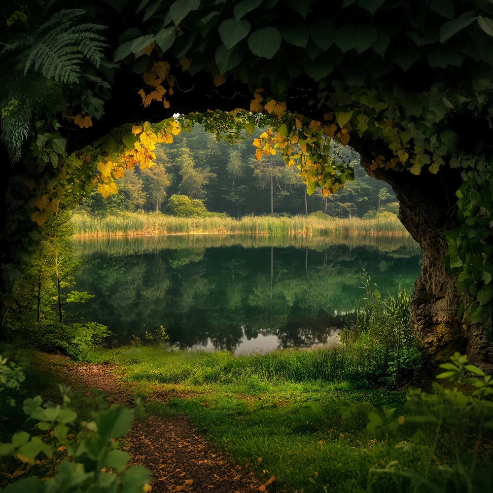 Rainforest Lakeside Cave Ivy Frame Forest Scene Backdrop UK LXX58-294