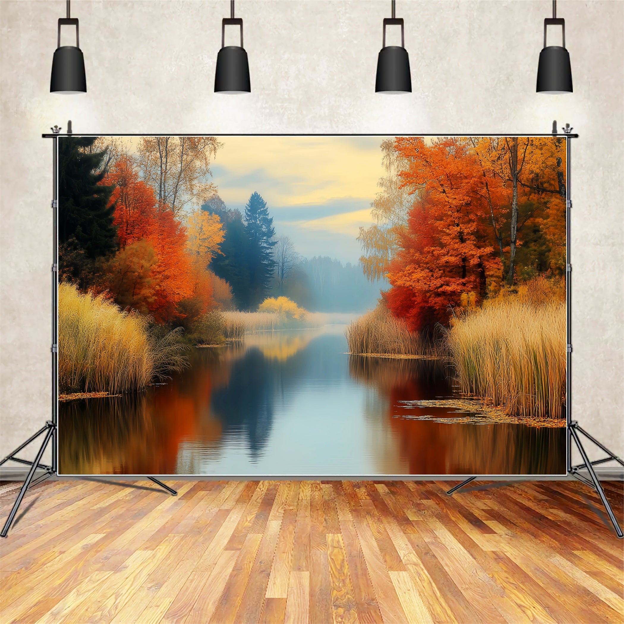 Fall Forest Golden Reflection Autumn River Autumn Forest Backdrop UK LXX58-299