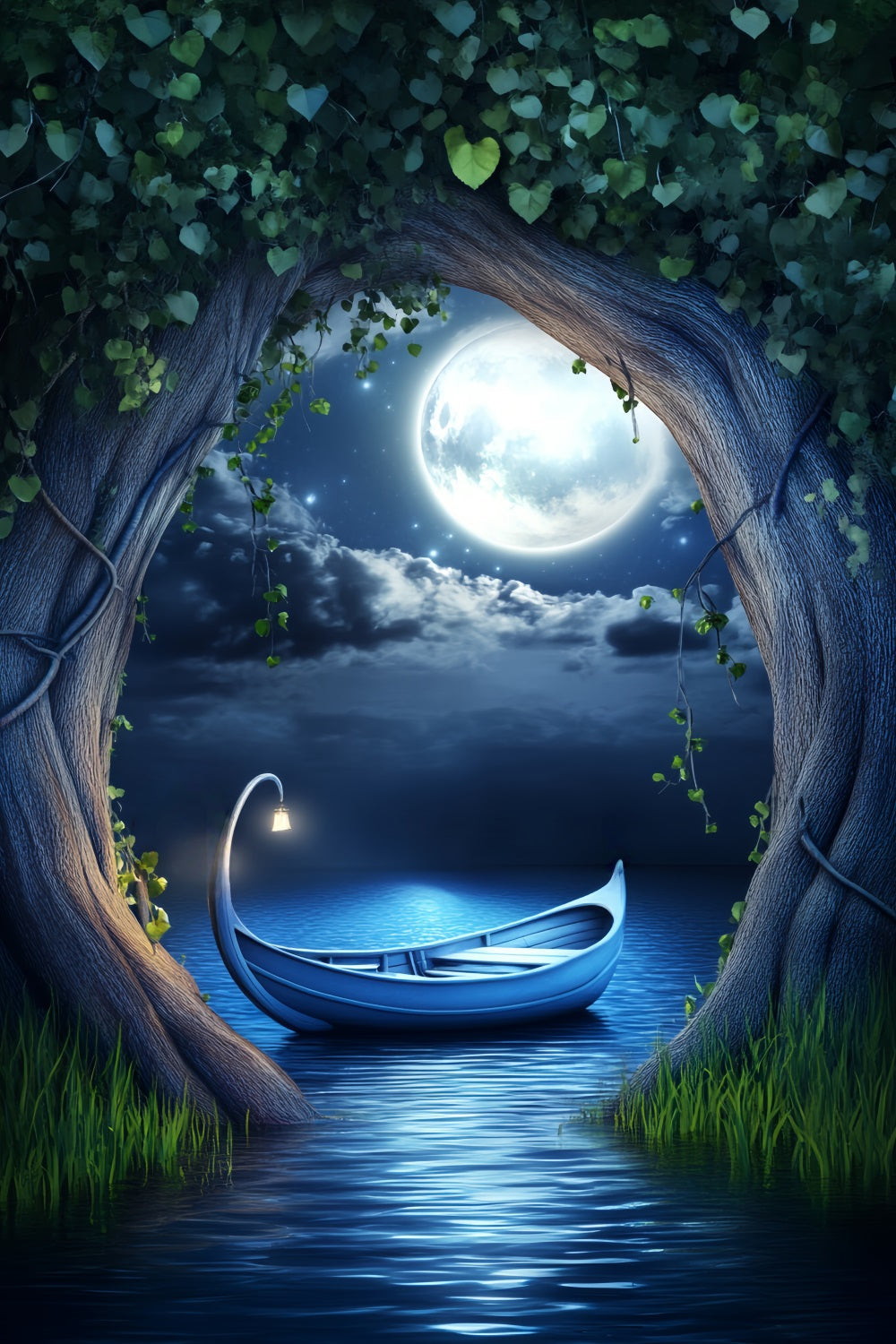 Night Forest Moonlit Boat Enchanted Lake Enchanted Forest Backdrops UK LXX58-303