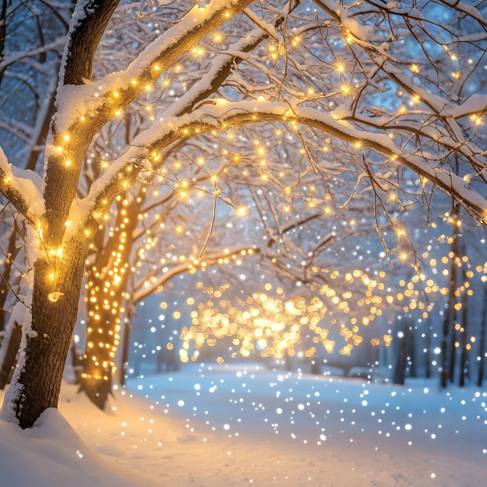 Night Forest Snowy Pathway Golden Lights Winter Forest Backdrop UK LXX58-305