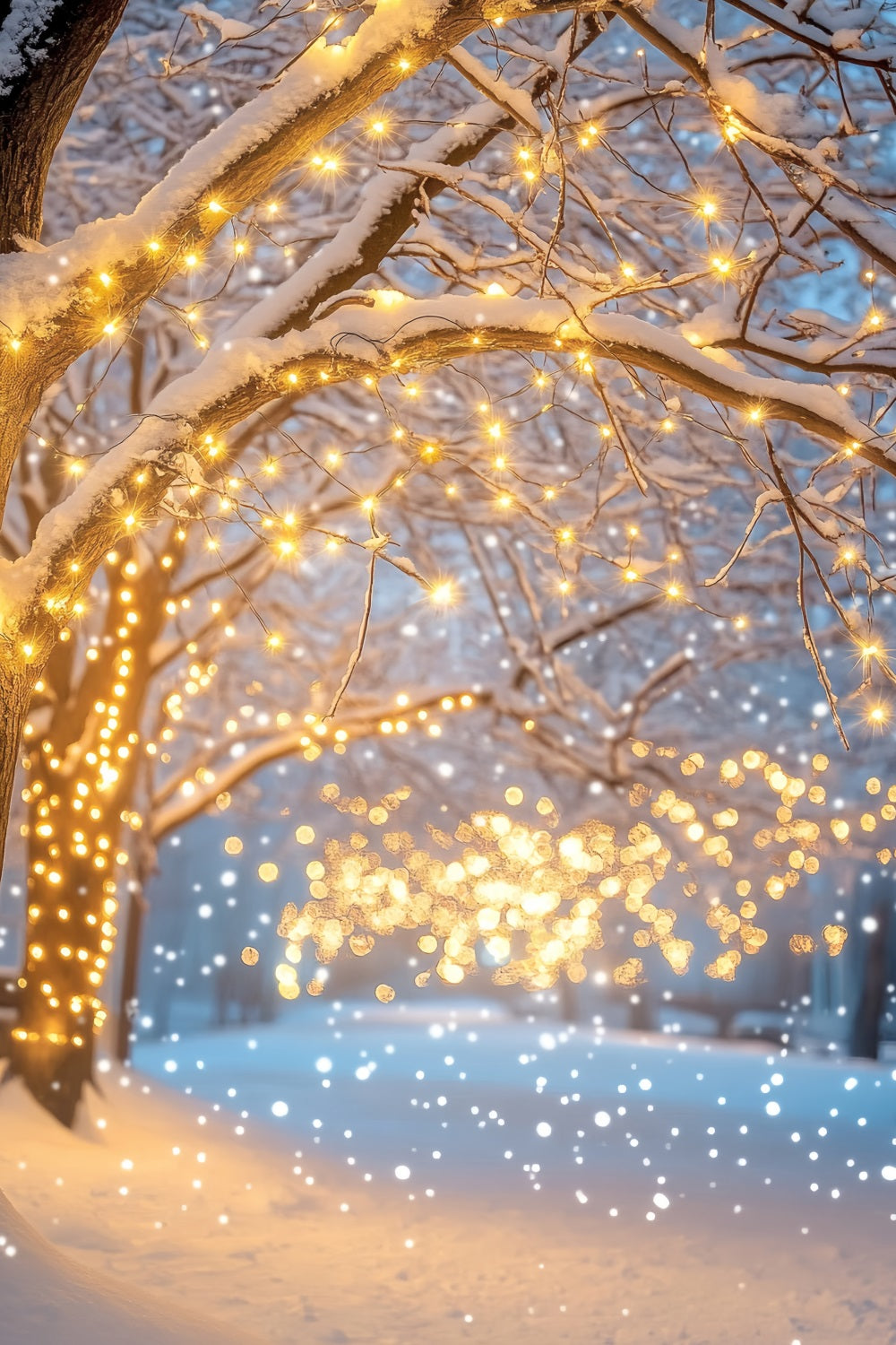 Night Forest Snowy Pathway Golden Lights Winter Forest Backdrop UK LXX58-305