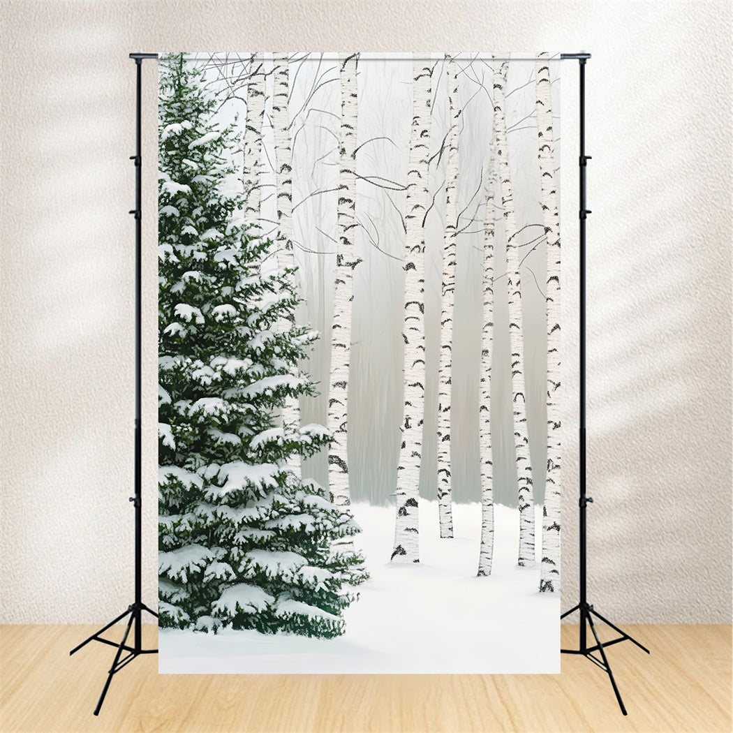 Pine Forest Birch Grove Snow Pines Winter Forest Photography Backdrop UK LXX58-307