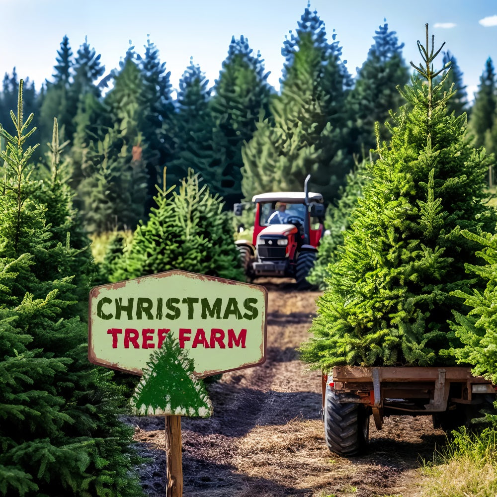 Pine Forest Christmas Tree Farm Tractor Forest Photography Backdrop UK LXX58-308