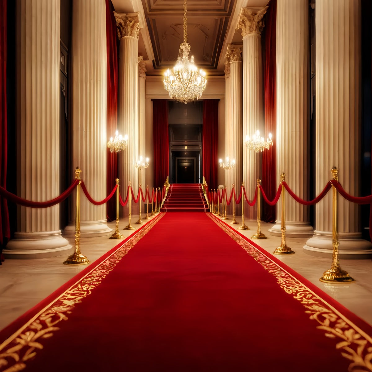 Red Carpet Backdrop Grand Hall Chandelier Glow Stage Photo Backdrop UK LXX58-341