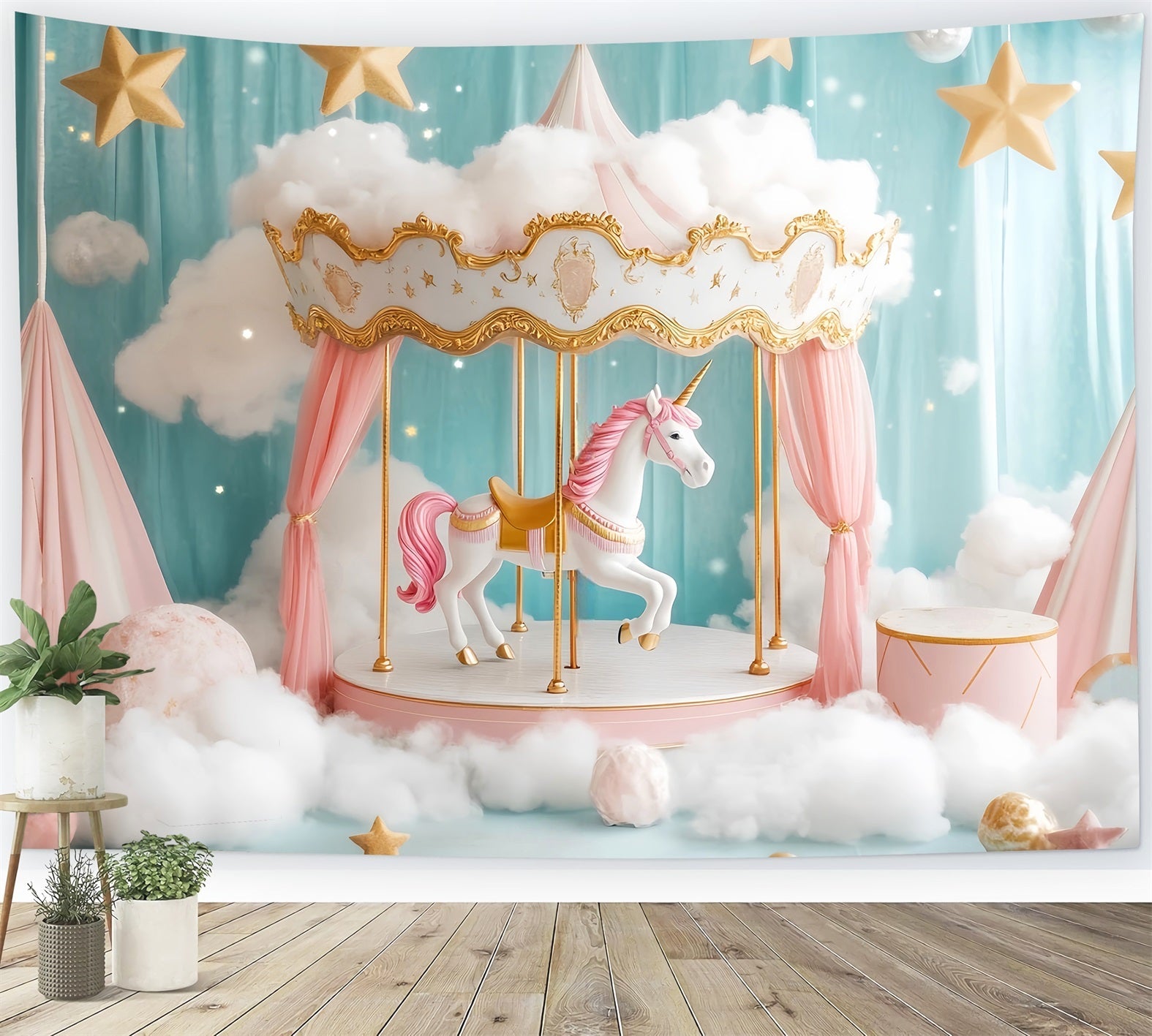 Newborn Backdrop Unicorn Carousel Pink Clouds Newborn Photo Backdrop UK LXX58-355