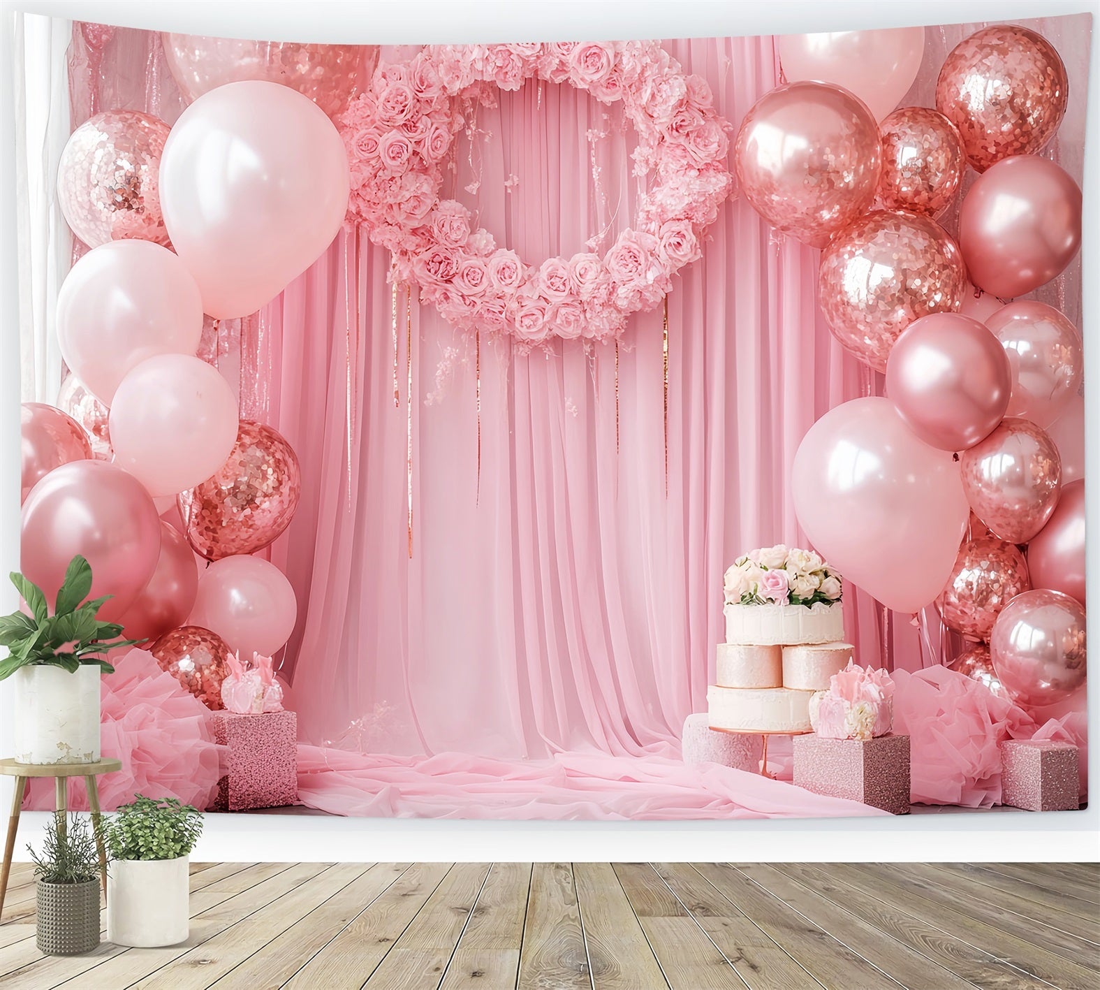 Newborn Backdrop Pink Roses Balloons Wreath Newborn Photoshoot Backdrop UK LXX58-356