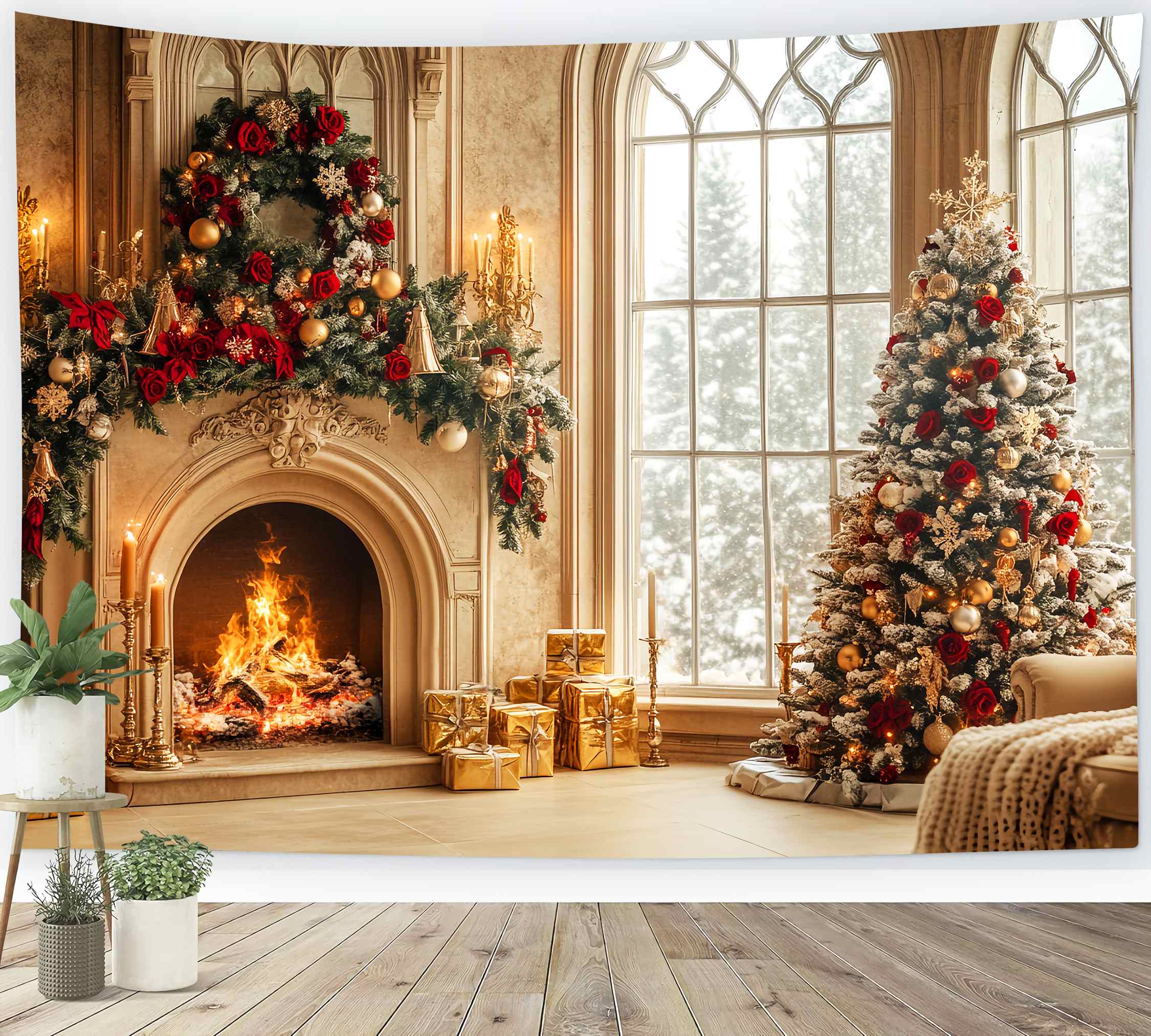 Christmas Fireplace Backdrop Gold Red Luxury Fireplace Room Professional Christmas Backdrops UK LXX58-66