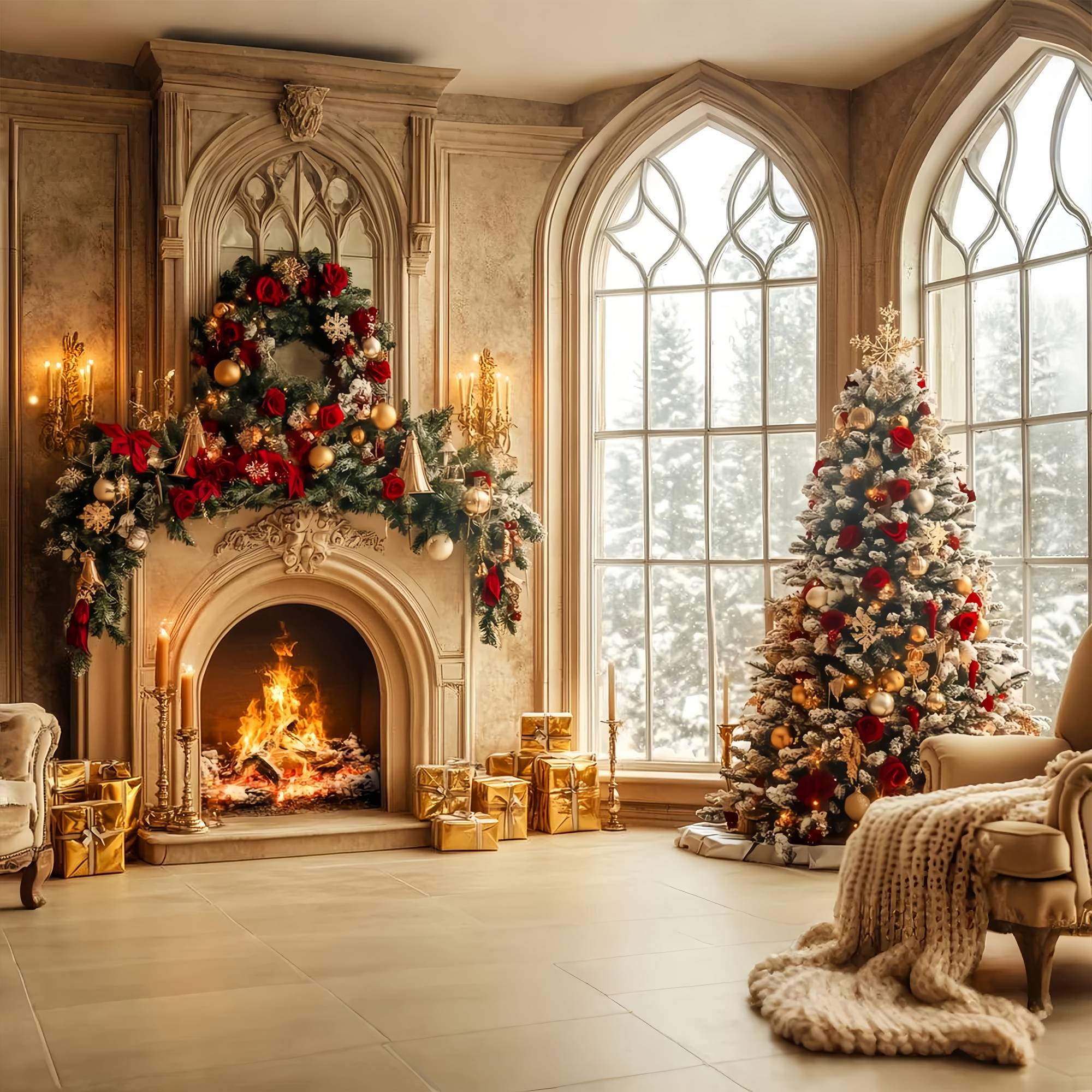 Christmas Fireplace Backdrop Gold Red Luxury Fireplace Room Professional Christmas Backdrops UK LXX58-66