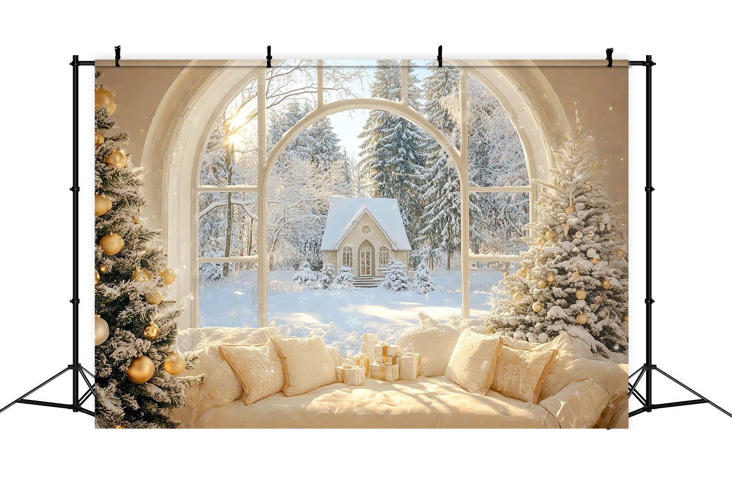 Christmas Backdrop Photography Golden Winter Cottage Window Christmas Photography Backdrops UK LXX58-73
