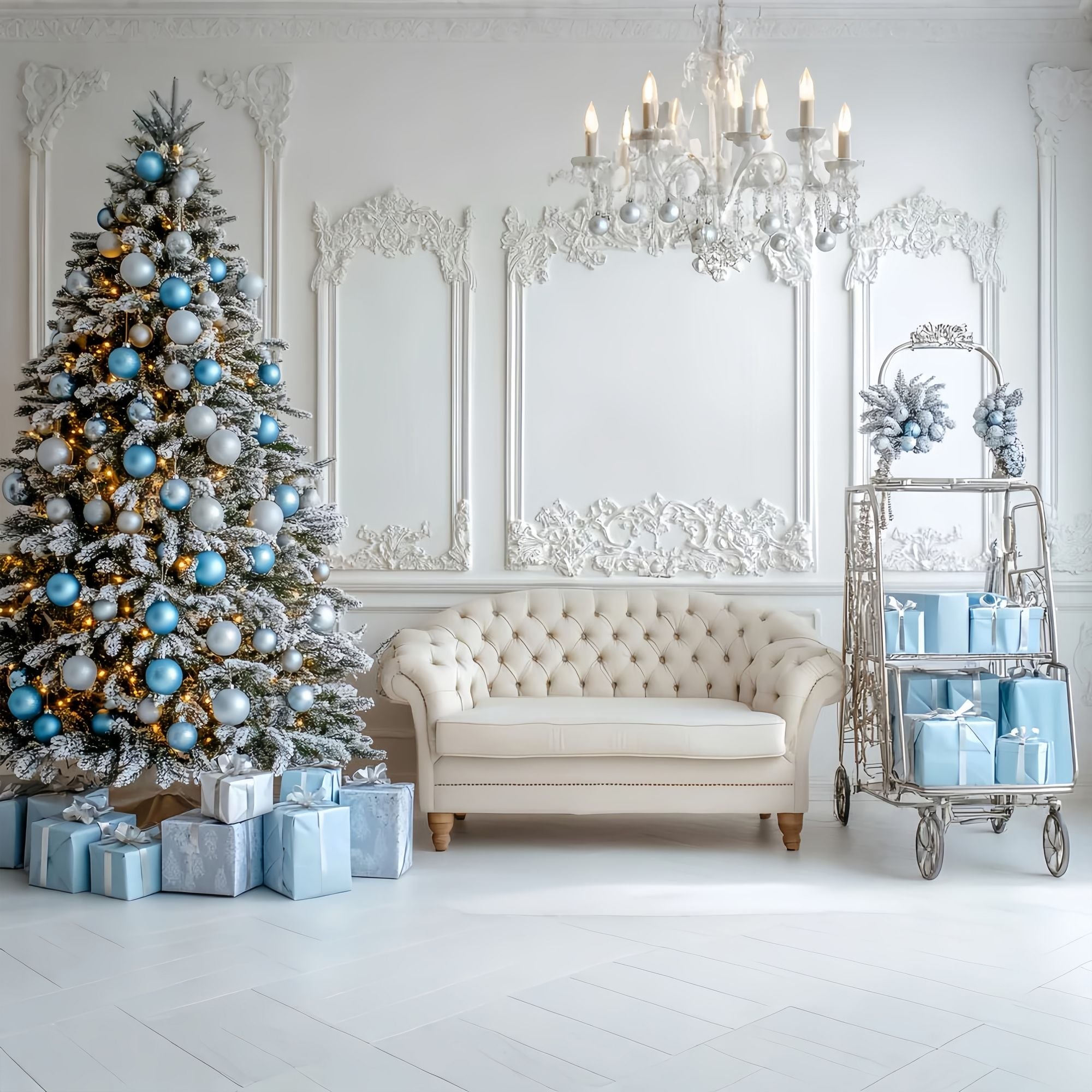 Christmas Wall Backdrop Icy Blue Ornament Lounge Room Professional Christmas Backdrops UK LXX58-74