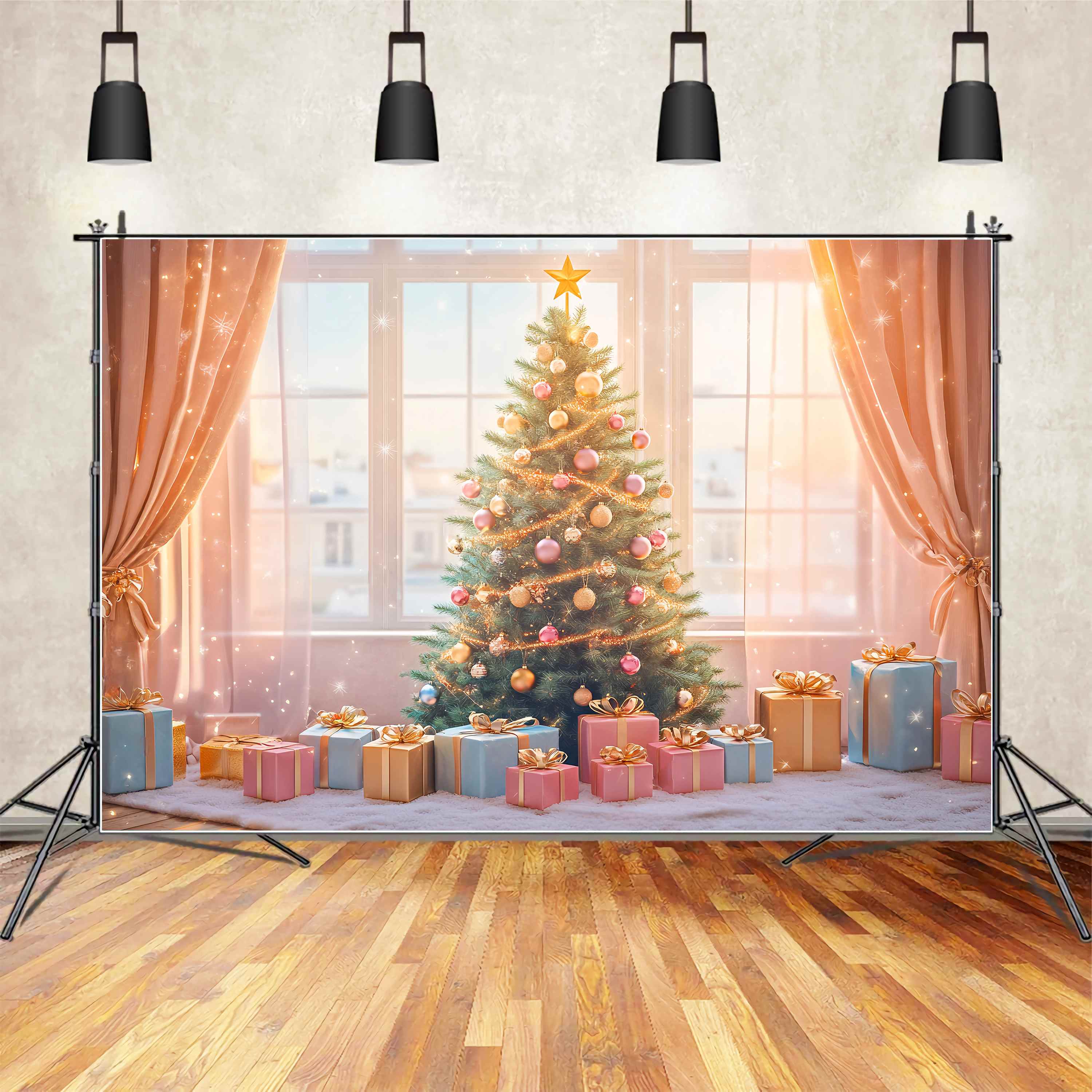 Christmas Tree Backdrop Golden Glow Gift Tree Room Christmas Backdrops Sale UK LXX58-75