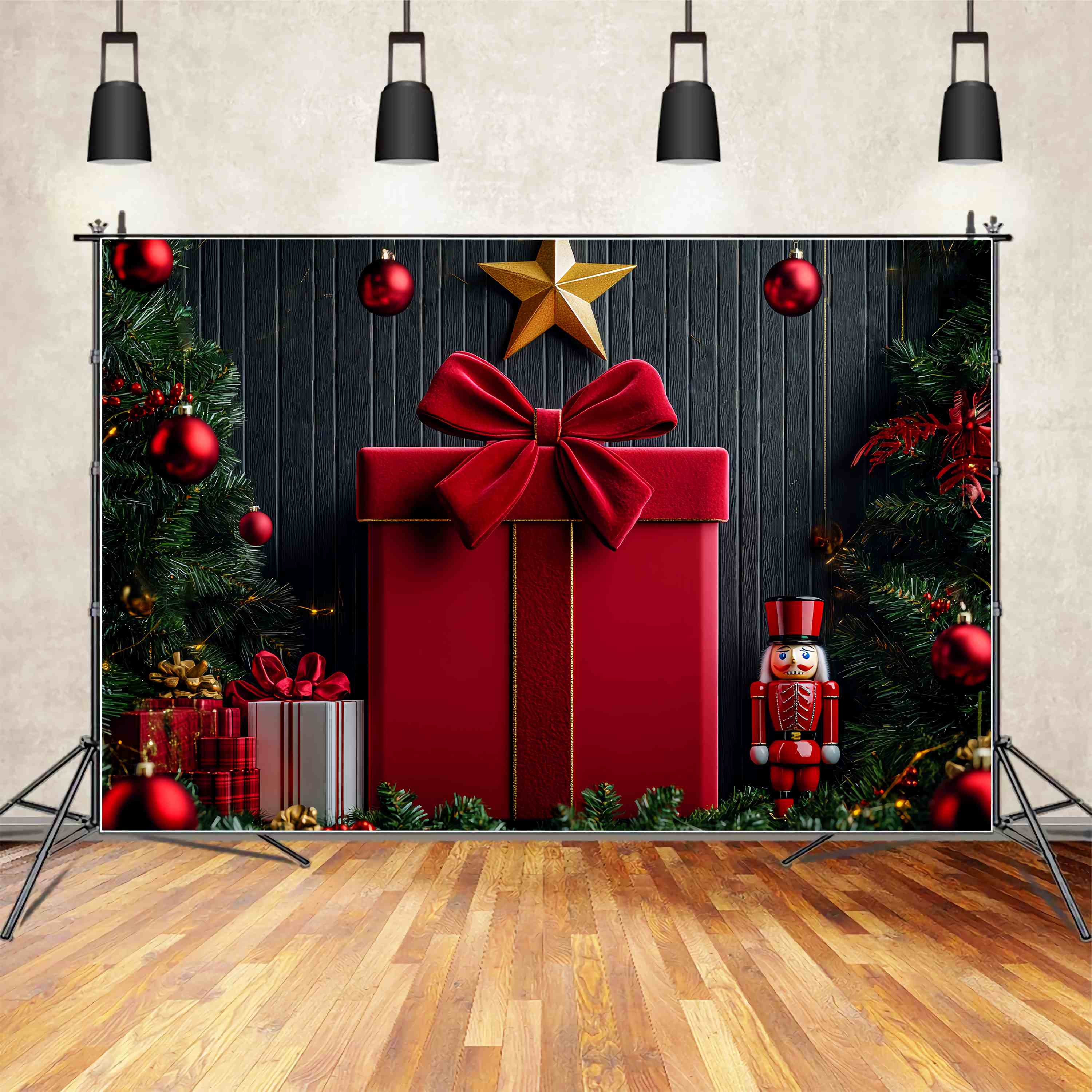 Christmas Wall Backdrop Red Velvet Bow Nutcracker Wall Christmas Backdrop for Photos UK LXX58-76