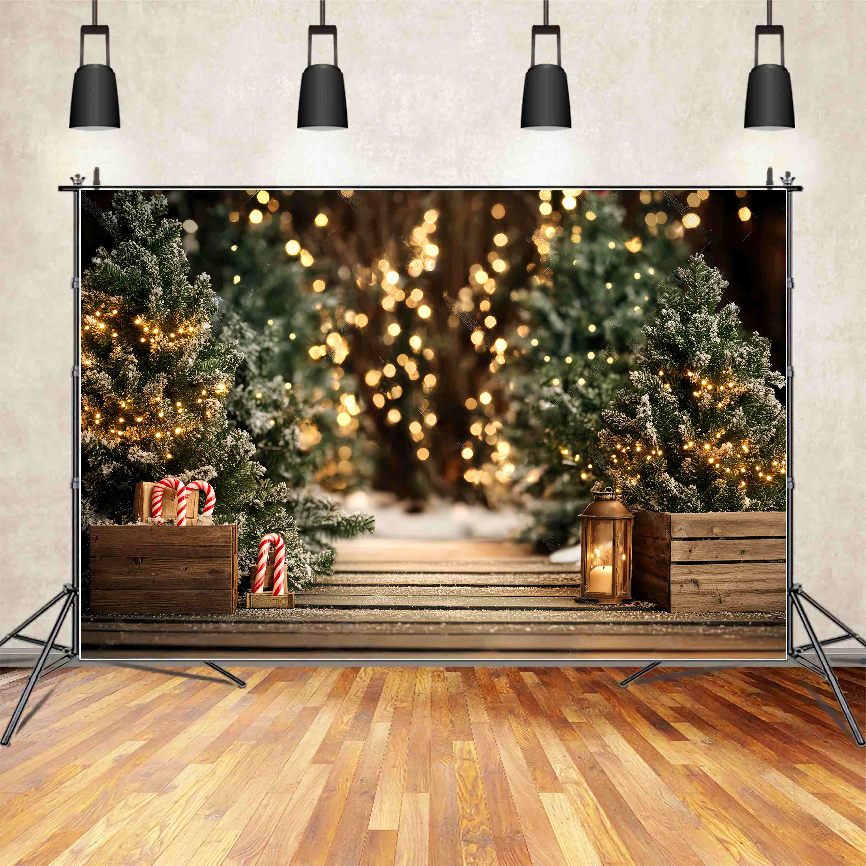 Christmas Tree Backdrop Snowy Pine Pathway Lights Christmas Photography Backdrops UK LXX58-77