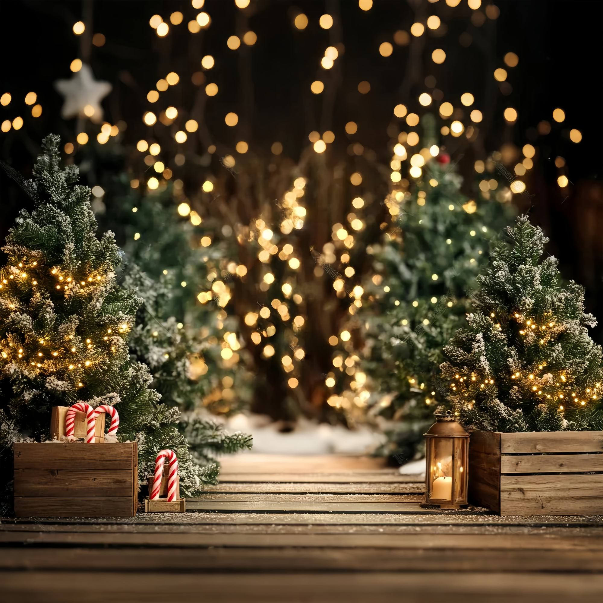 Christmas Tree Backdrop Snowy Pine Pathway Lights Christmas Photography Backdrops UK LXX58-77