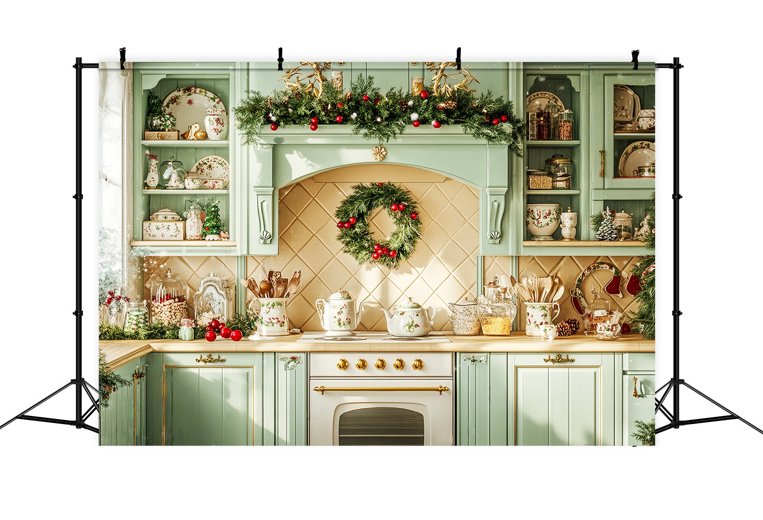 Christmas Kitchen Backdrop Mint Green Christmas Kitchen Christmas Backdrop UK LXX58-79
