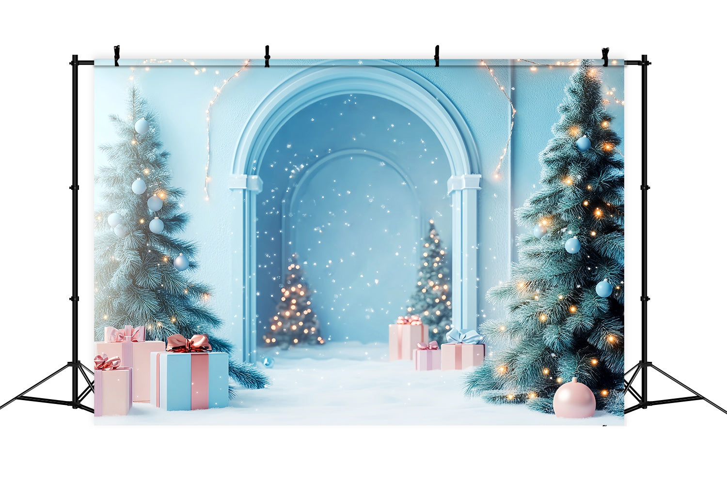 Christmas Wall Backdrop Frosty Blue Arch Snow Wonderland Christmas Backdrops for Photography UK LXX58-81