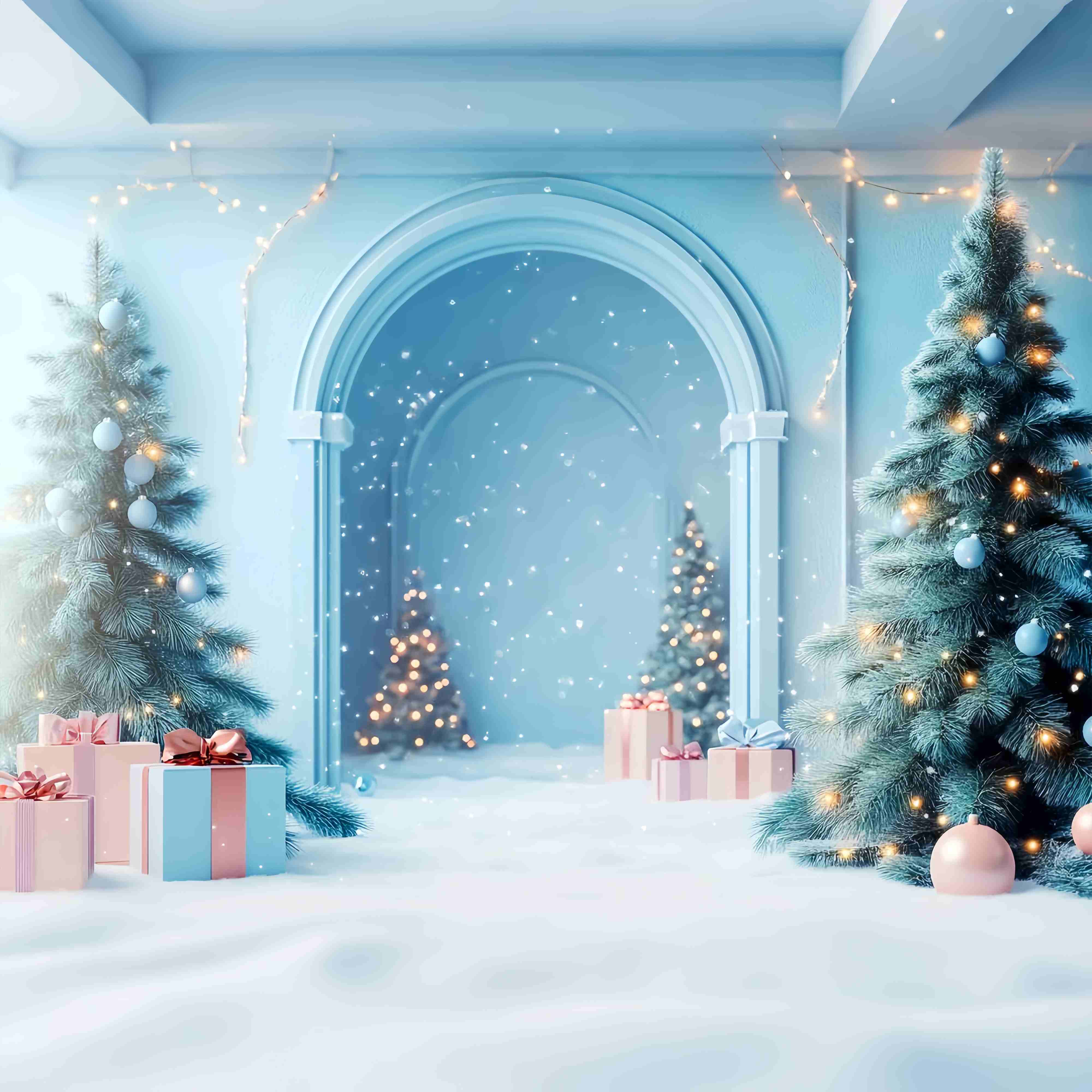 Christmas Wall Backdrop Frosty Blue Arch Snow Wonderland Christmas Backdrops for Photography UK LXX58-81