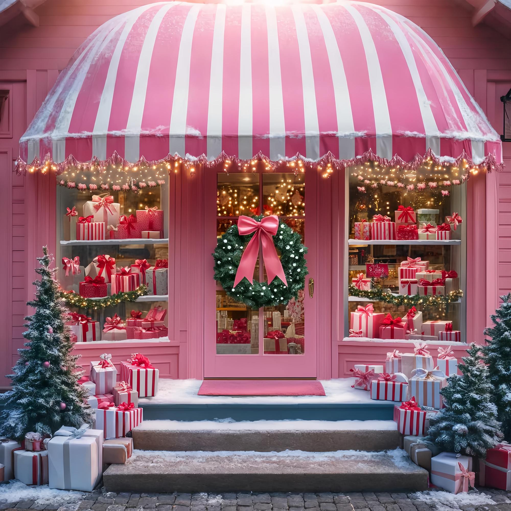 Santas Workshop Backdrop Pink Candy Stripe Gift Shop Christmas Photo Backdrops UK LXX58-82