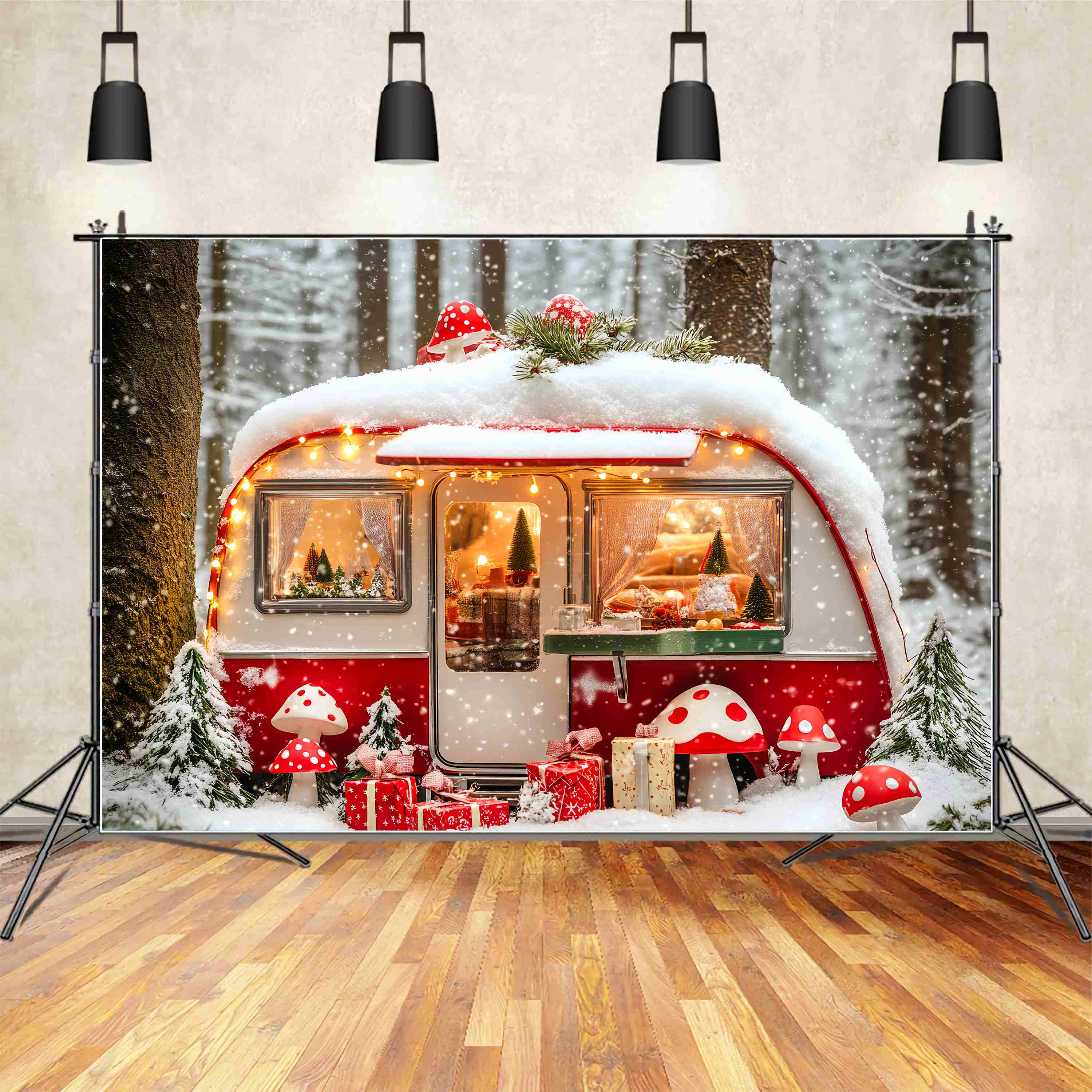 Christmas Photography Backdrops Snowy Mushroom Camper Forest Christmas Backdrop UK LXX58-84