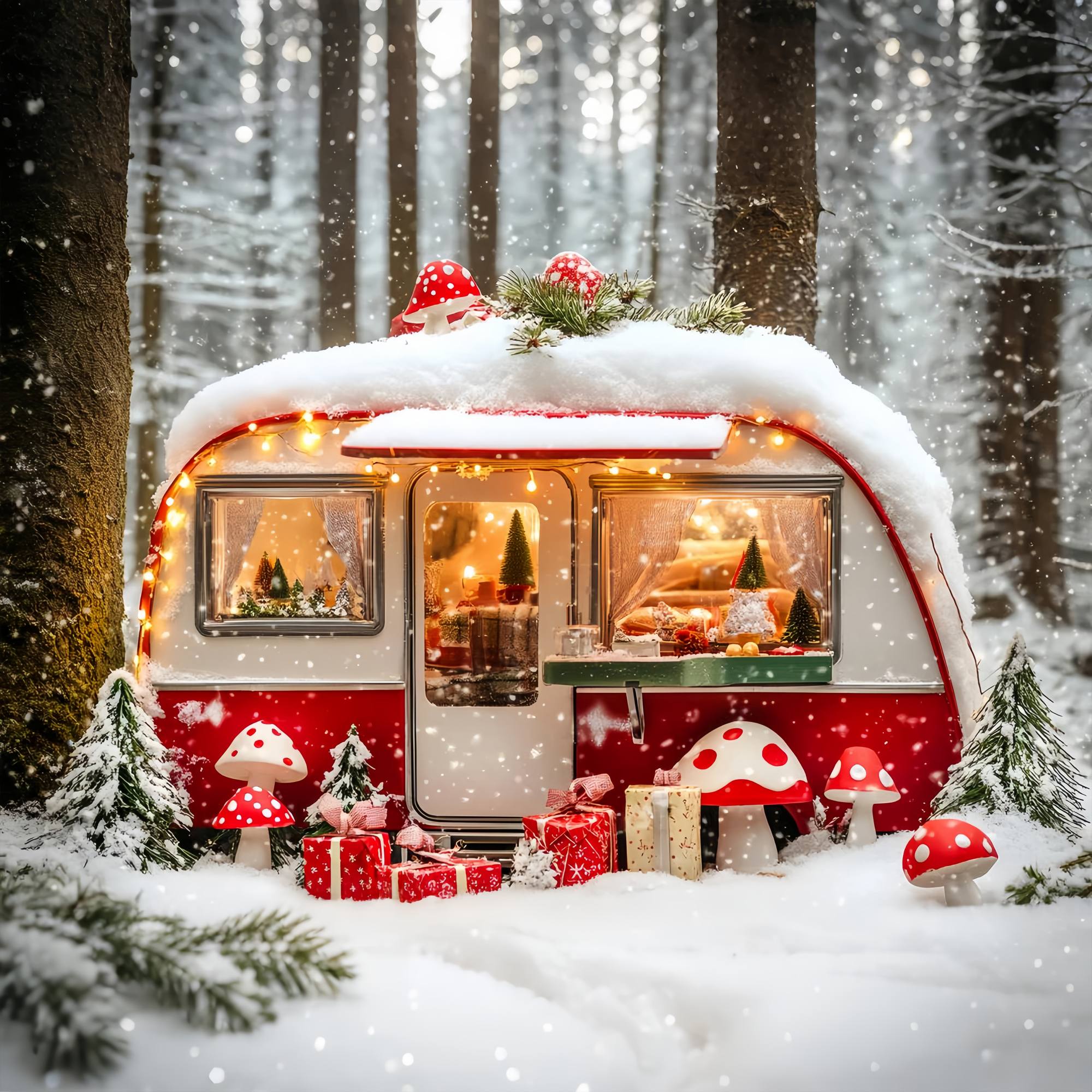 Christmas Photography Backdrops Snowy Mushroom Camper Forest Christmas Backdrop UK LXX58-84