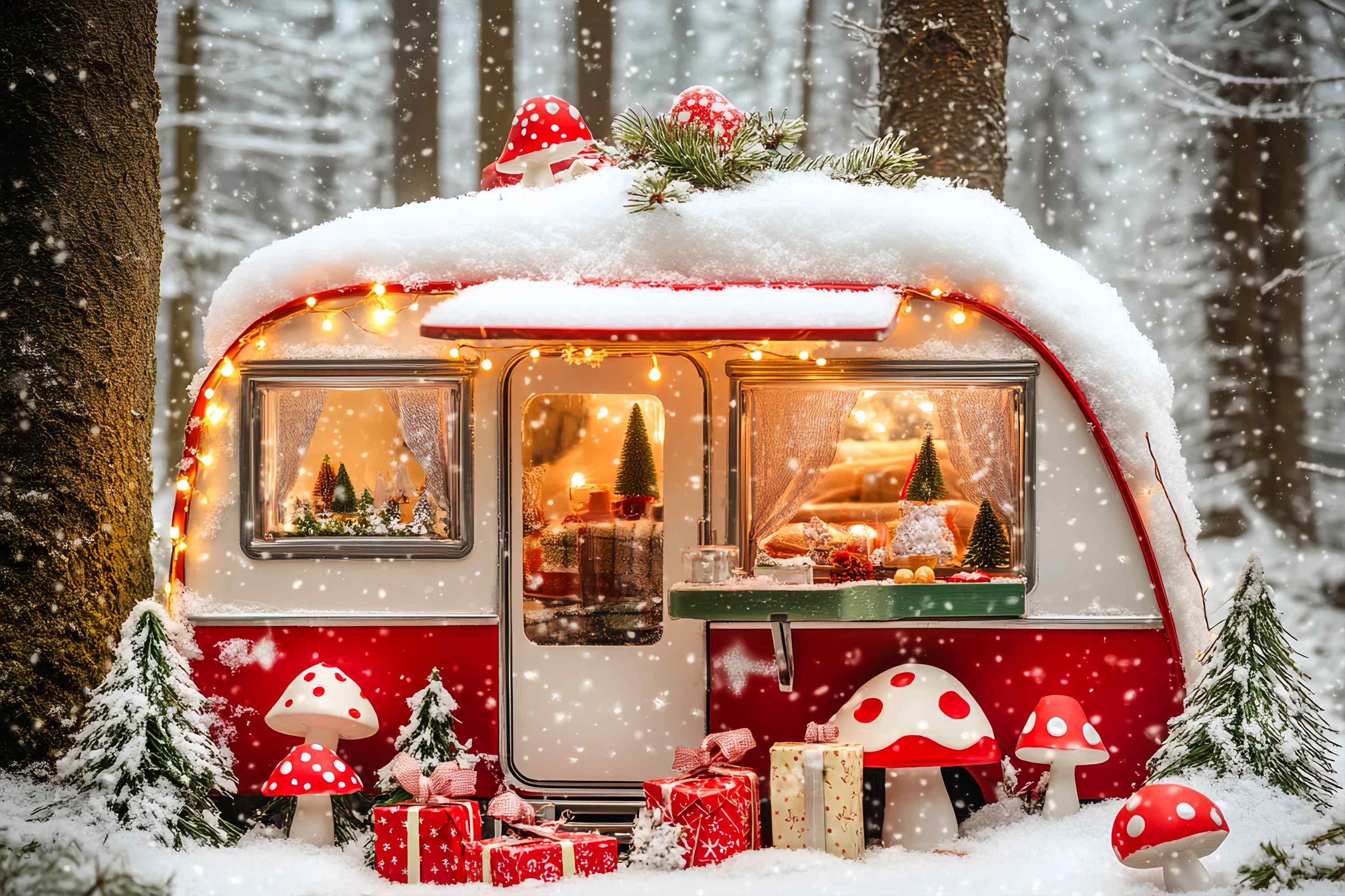 Christmas Photography Backdrops Snowy Mushroom Camper Forest Christmas Backdrop UK LXX58-84