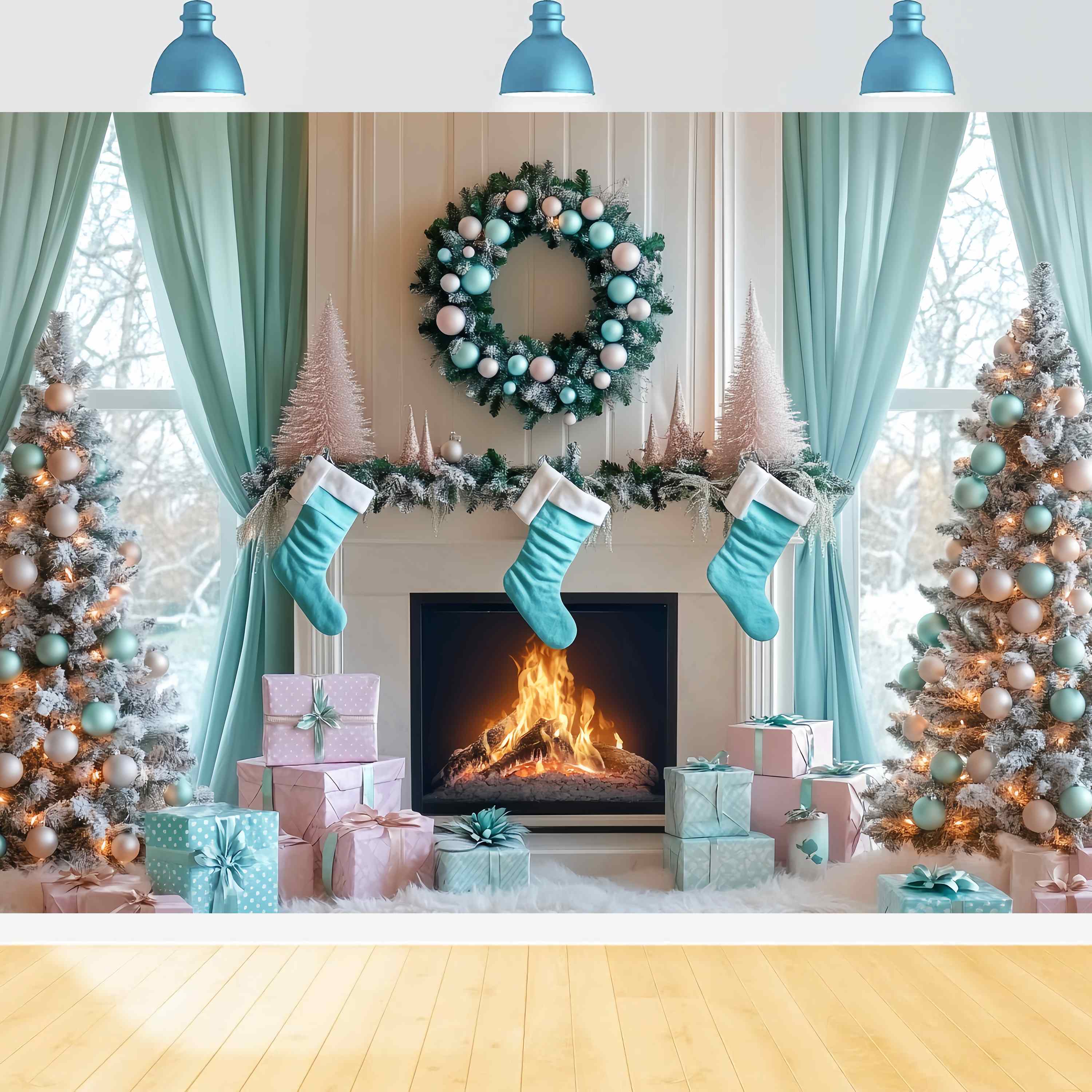 Christmas Fireplace Backdrop Aqua Stocking Fireplace Morning Christmas Backdrop ideas UK LXX58-87
