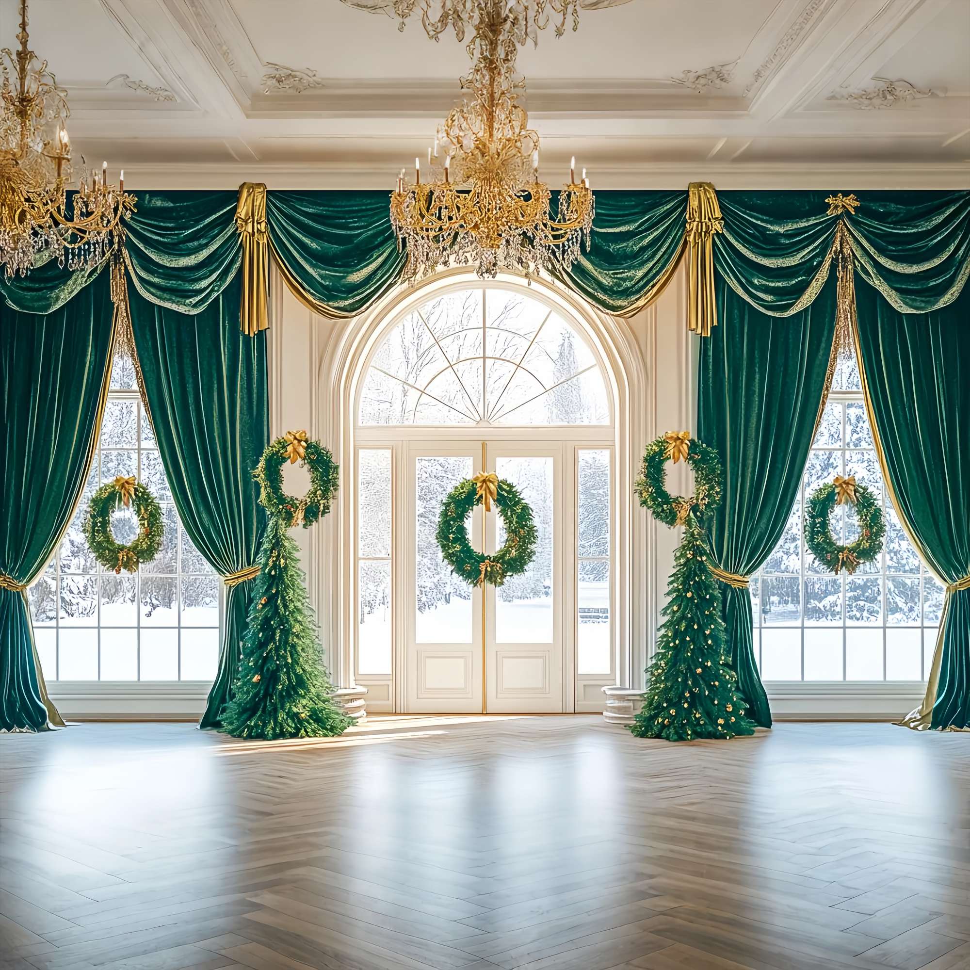 Christmas Photo Backdrop Emerald Drape Wreath Ballroom Christmas Backdrops for Photos UK LXX58-89
