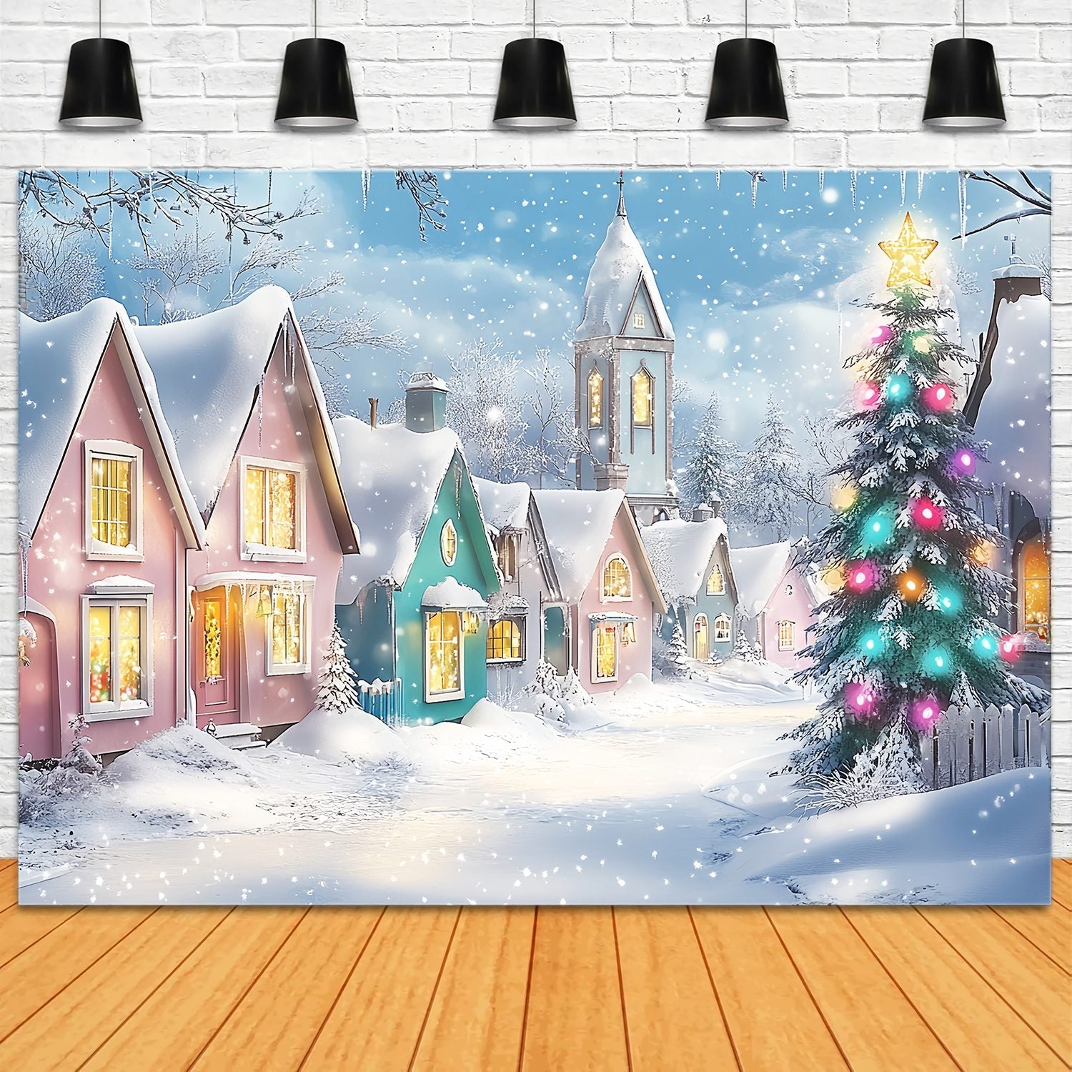Christmas Village Backdrop Pastel Winter Village Snowfall Christmas Backdrop Photography UK LXX58-95