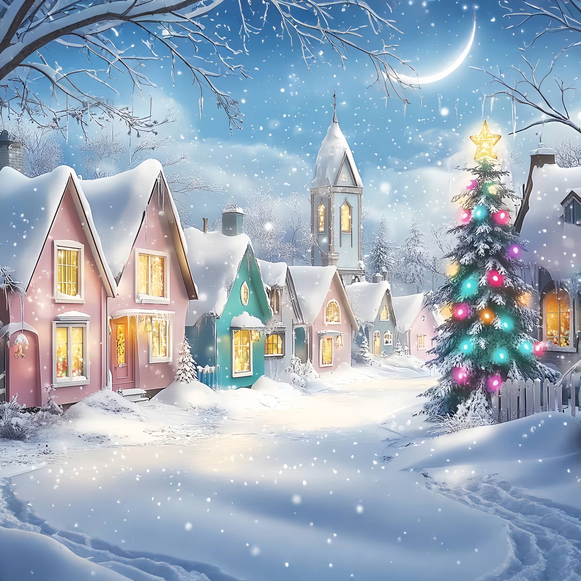 Christmas Village Backdrop Pastel Winter Village Snowfall Christmas Backdrop Photography UK LXX58-95