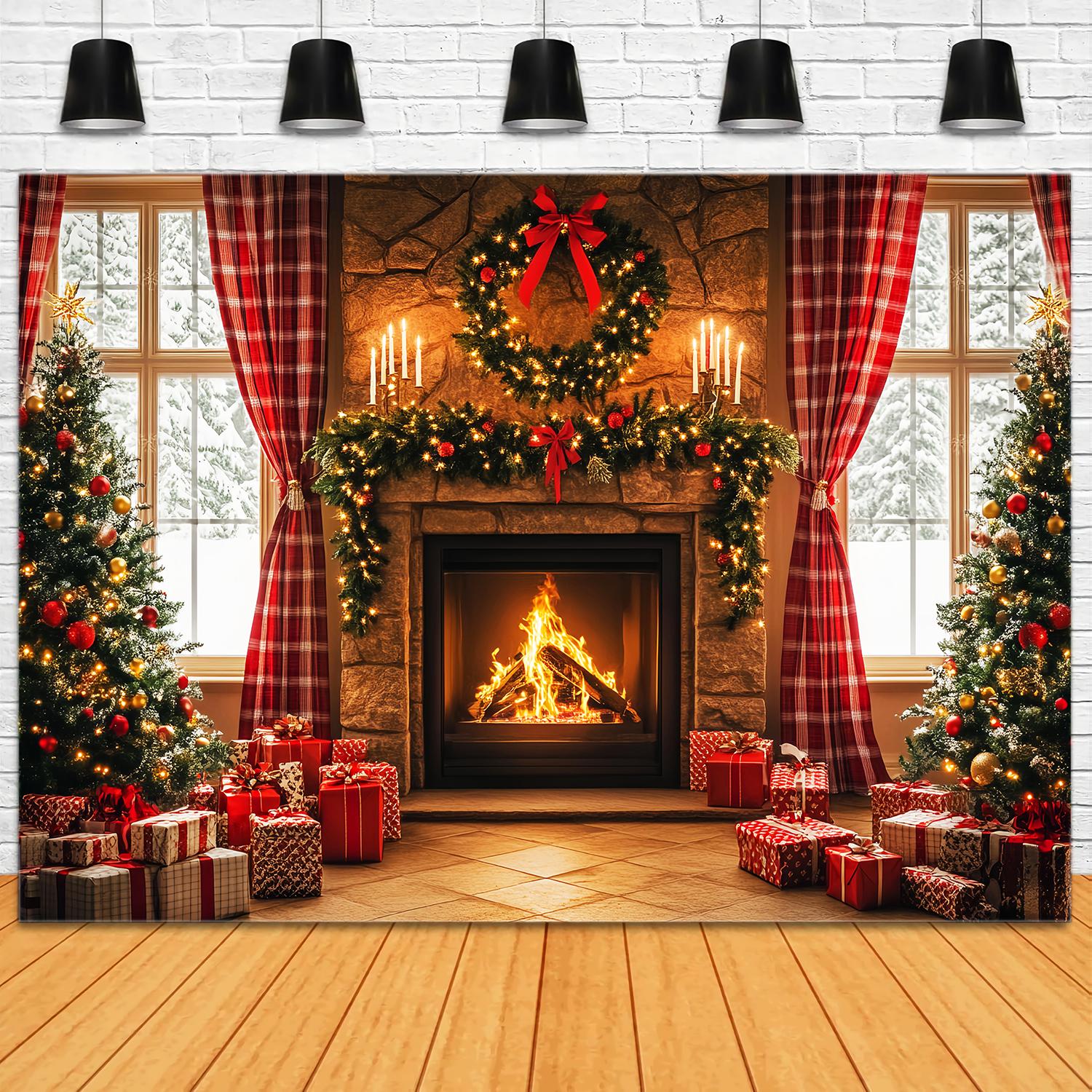 Christmas Fireplace Backdrop Plaid Cozy Fireplace Morning Christmas Photo Backdrop UK LXX58-96