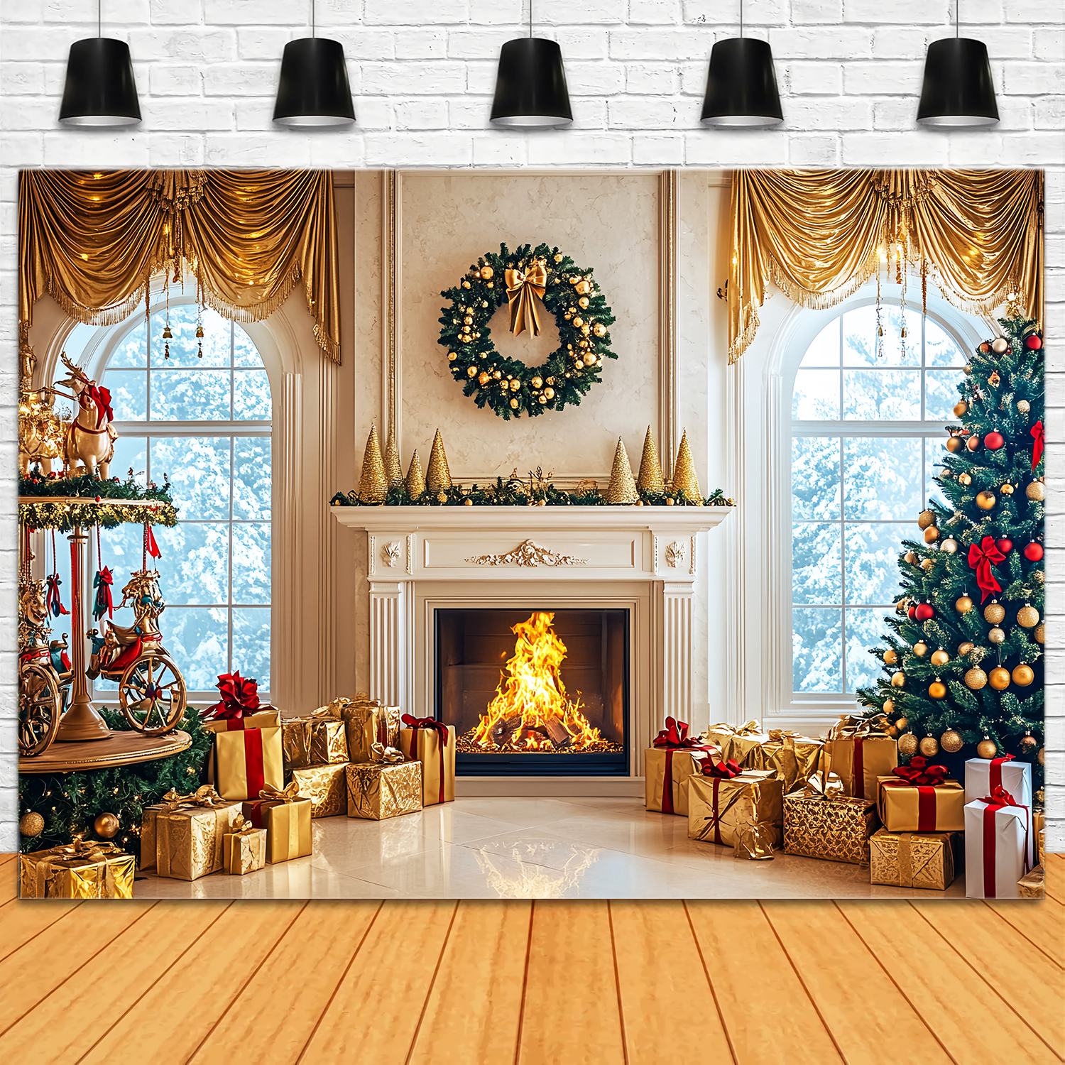 Christmas Fireplace Backdrop Golden Luxe Carousel Fireplace High Resolution Christmas Backdrop UK LXX58-98
