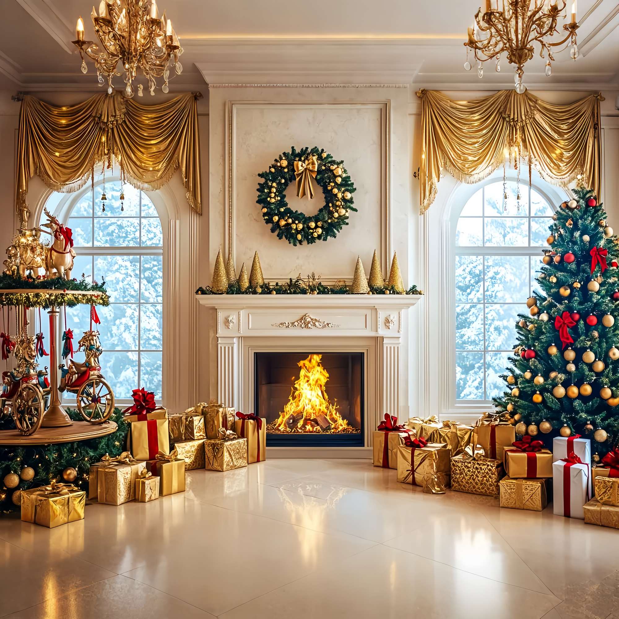 Christmas Fireplace Backdrop Golden Luxe Carousel Fireplace High Resolution Christmas Backdrop UK LXX58-98