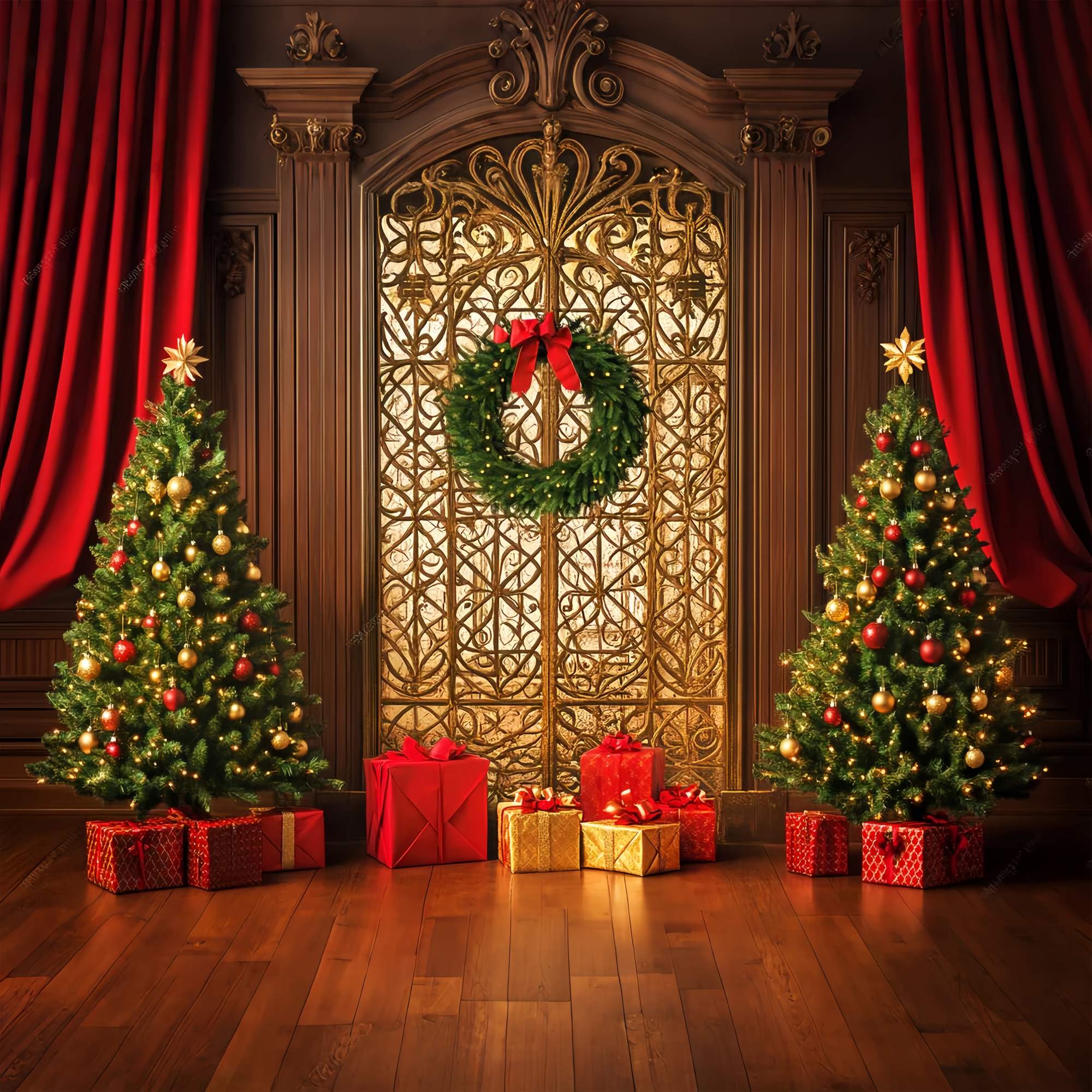 High Resolution Christmas Backdrop Golden Gate Wreath Gift Tree Christmas Backdrop UK LXX58-99