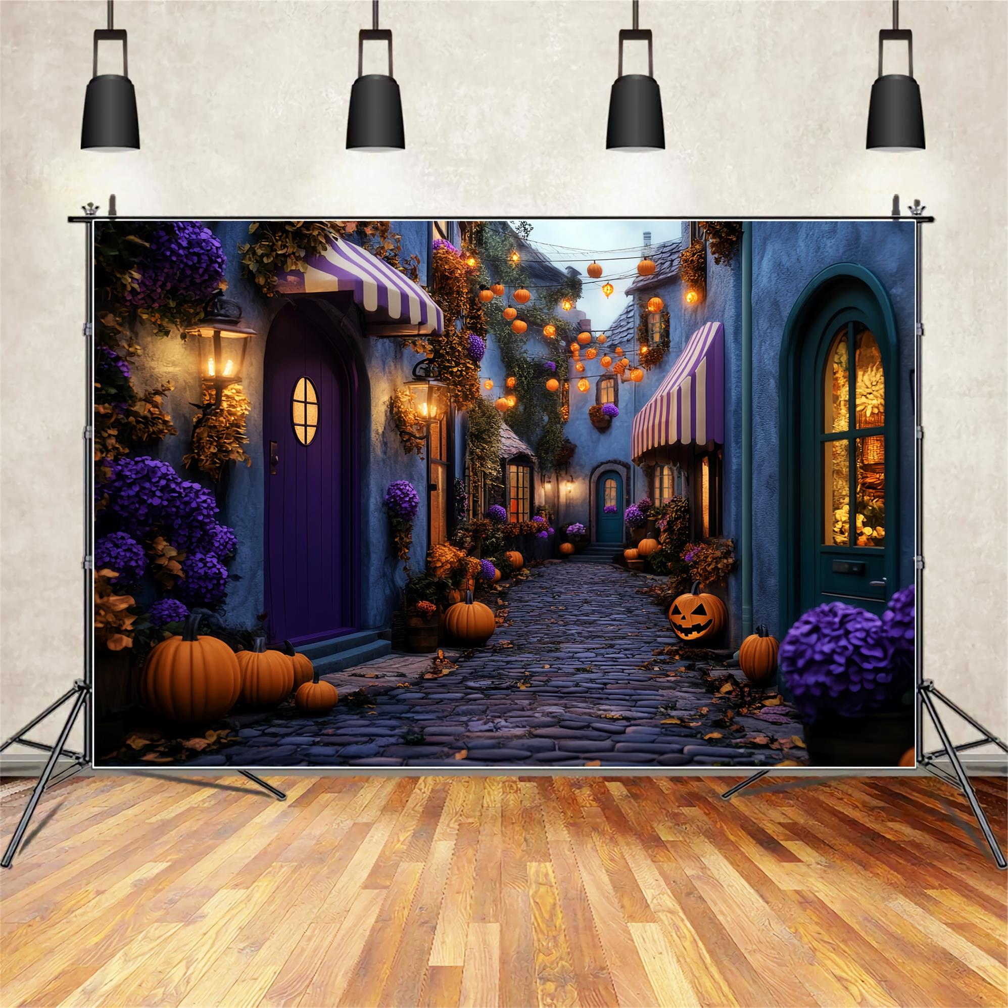 Color Backdrop Haunted Village Pumpkin Lane Halloween Photography Backdrop UK LXX59-101