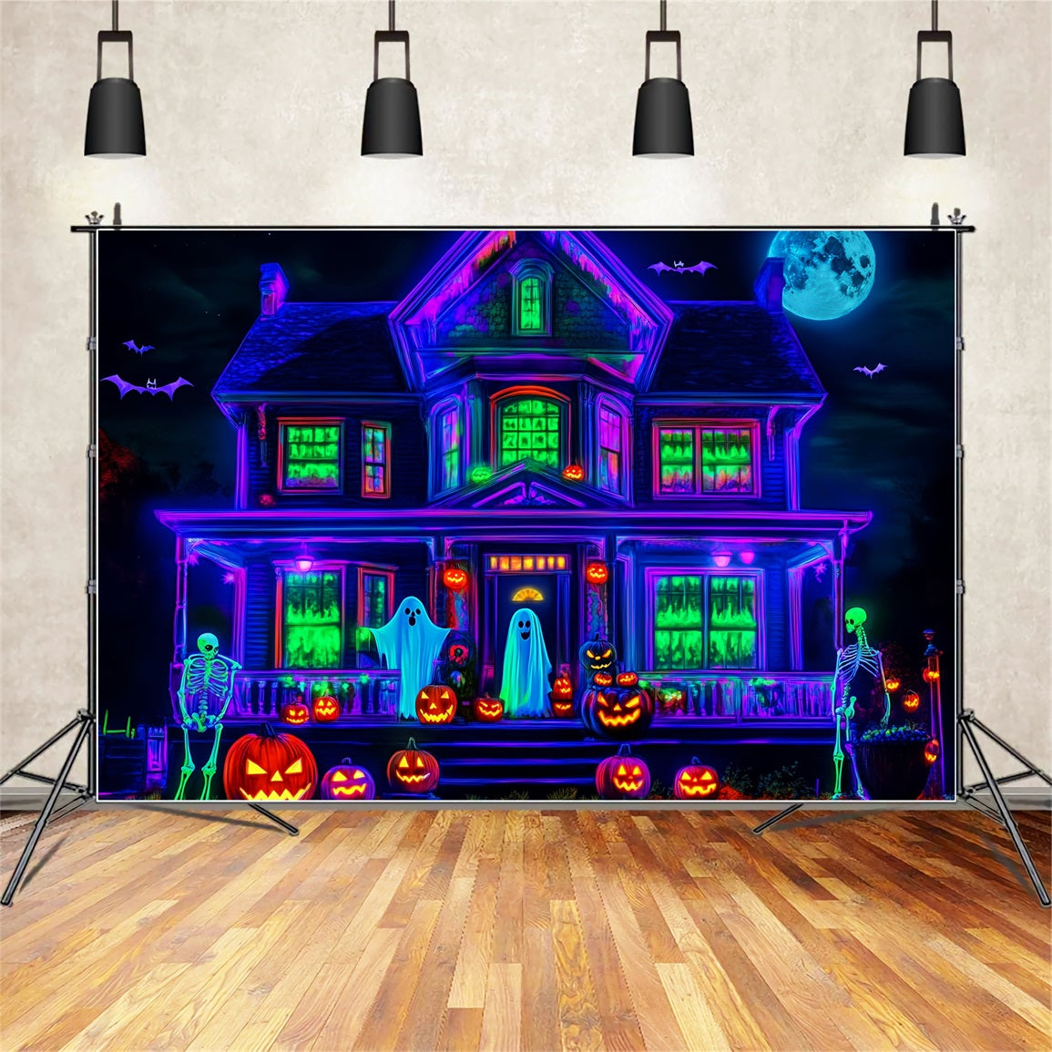 Halloween Ghost Backdrop Neon Haunted House Glow Scary Halloween Backdrop UK LXX59-108