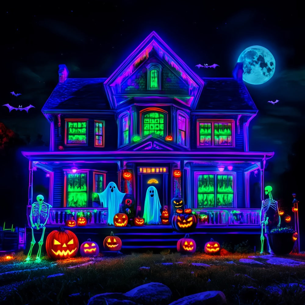 Halloween Ghost Backdrop Neon Haunted House Glow Scary Halloween Backdrop UK LXX59-108