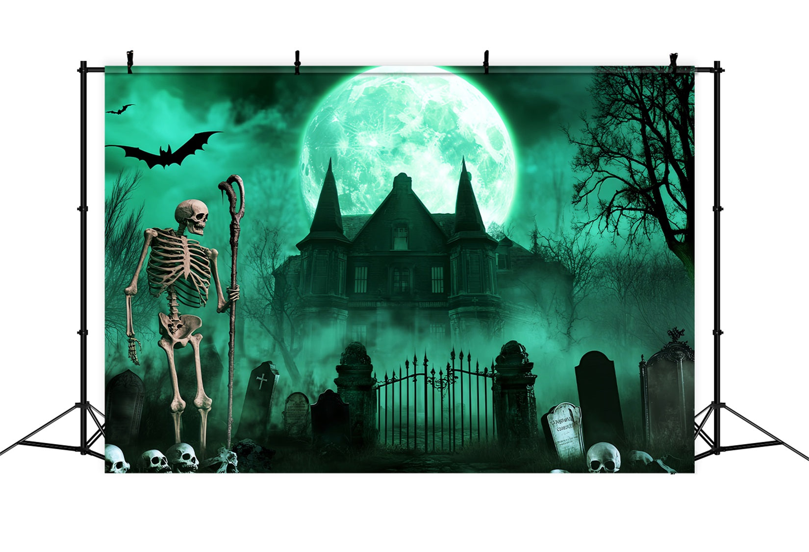 Graveyard Backdrop Skeleton Graveyard Green Moon Spooky Halloween Backdrop UK LXX59-113