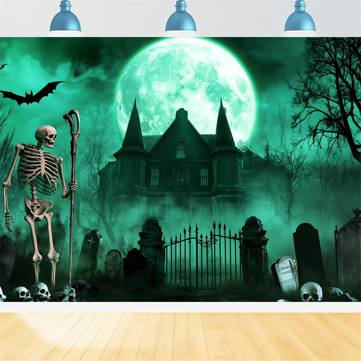 Graveyard Backdrop Skeleton Graveyard Green Moon Spooky Halloween Backdrop UK LXX59-113