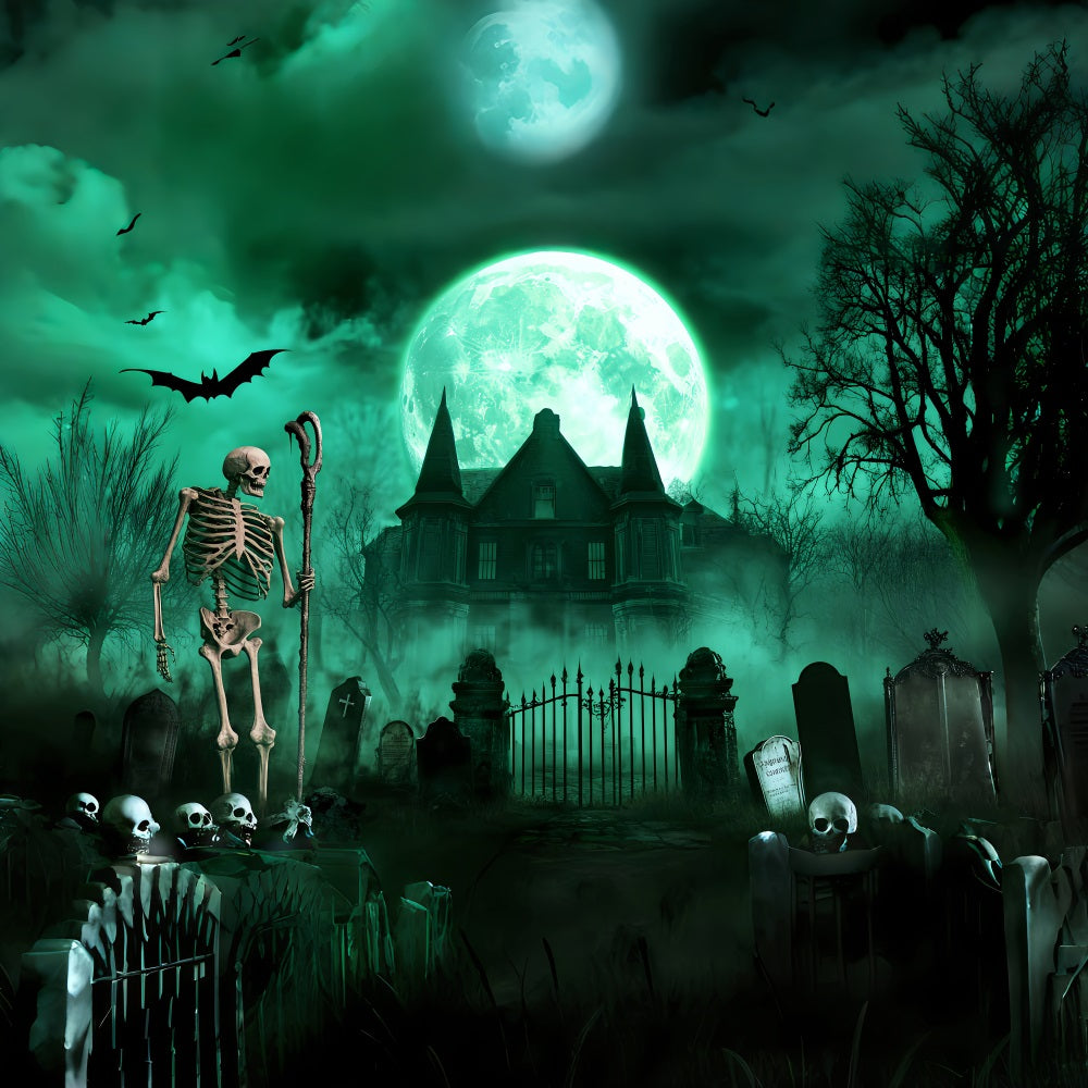 Graveyard Backdrop Skeleton Graveyard Green Moon Spooky Halloween Backdrop UK LXX59-113