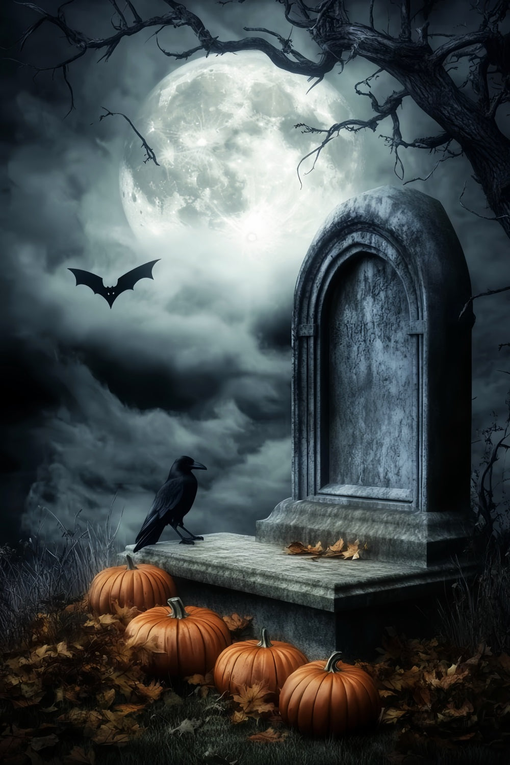 Graveyard Backdrop Moonlit Grave Pumpkins Crow Halloween Backdrops UK LXX59-156