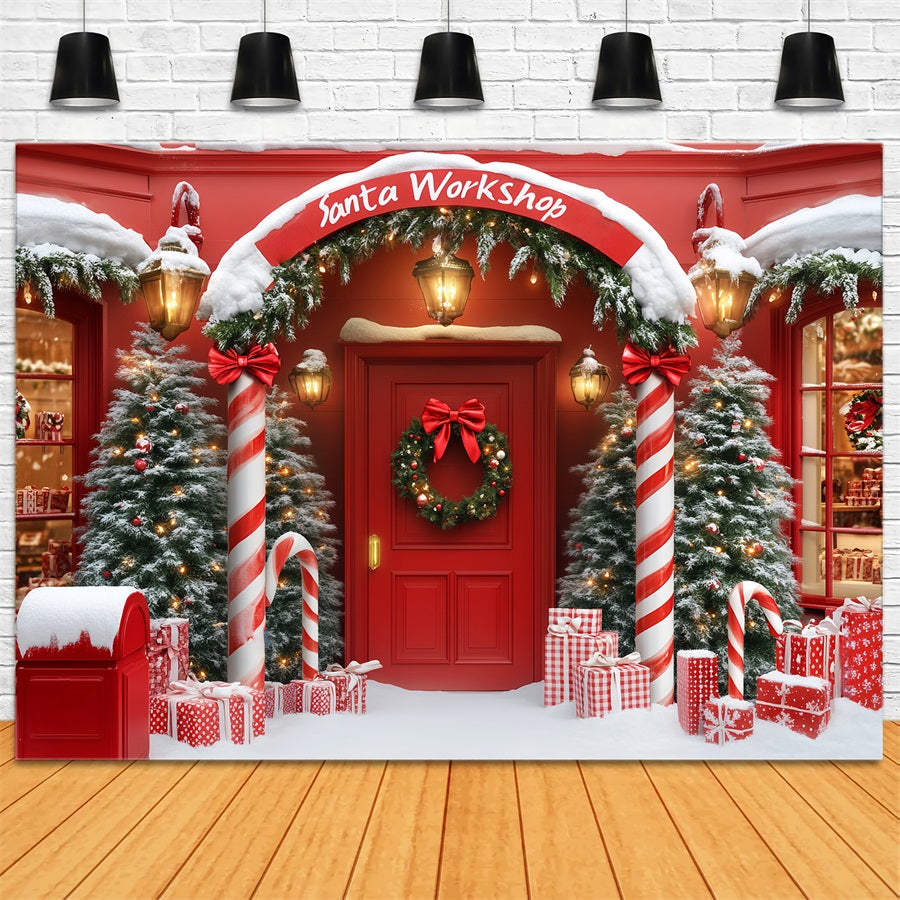 Santa Workshop Backdrop Christmas Shop Arch Entrance Red Christmas Backdrop UK LXX59-161