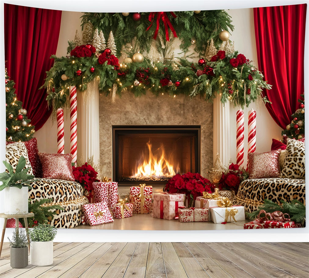 Christmas Fireplace Backdrop Elegant Red Curtain Christmas Backdrops for Photography UK LXX59-174