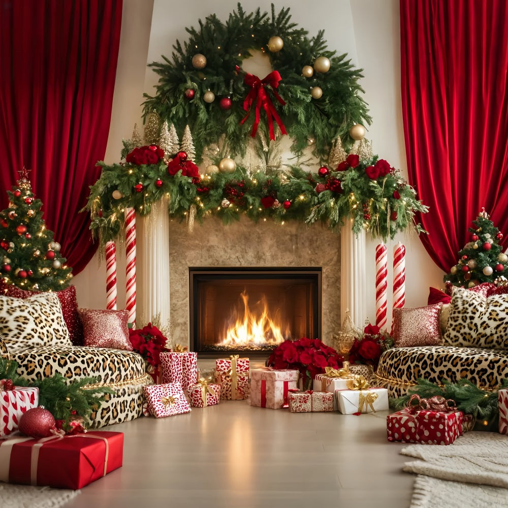 Christmas Fireplace Backdrop Elegant Red Curtain Christmas Backdrops for Photography UK LXX59-174