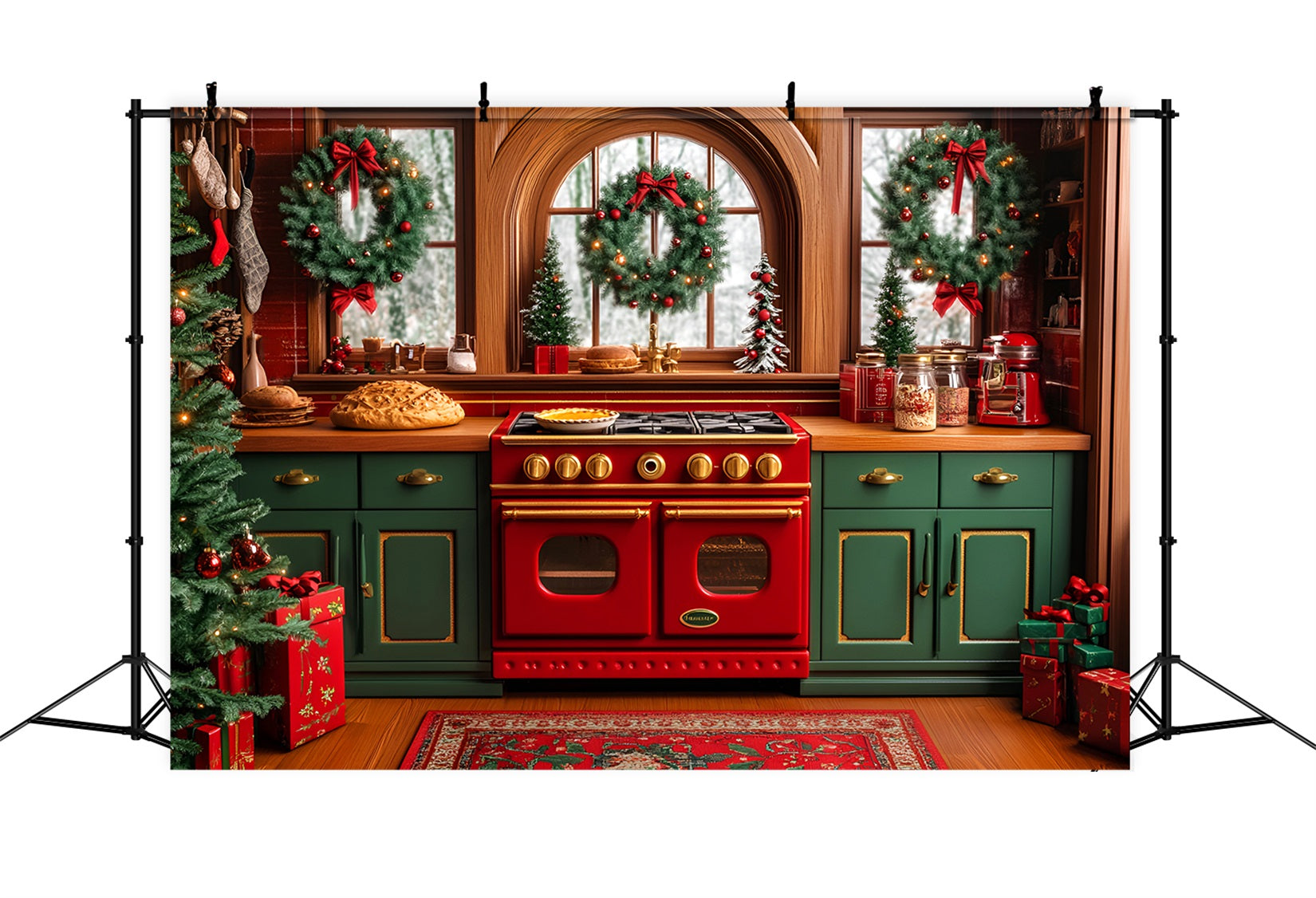 Christmas Kitchen Backdrop Festive Wreaths Oven Christmas Photo Backdrops UK LXX59-175