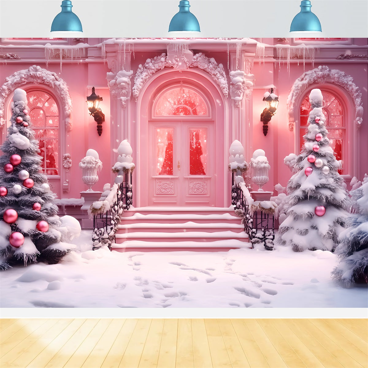 Toy Store Backdrop Christmas Shop Snowy Entrance Pink Christmas Backdrop UK LXX59-190