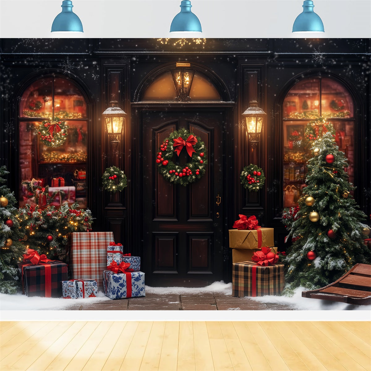 Christmas Village Backdrop Warm Lights Snowy Entrance Christmas Photo Backdrop UK LXX59-193