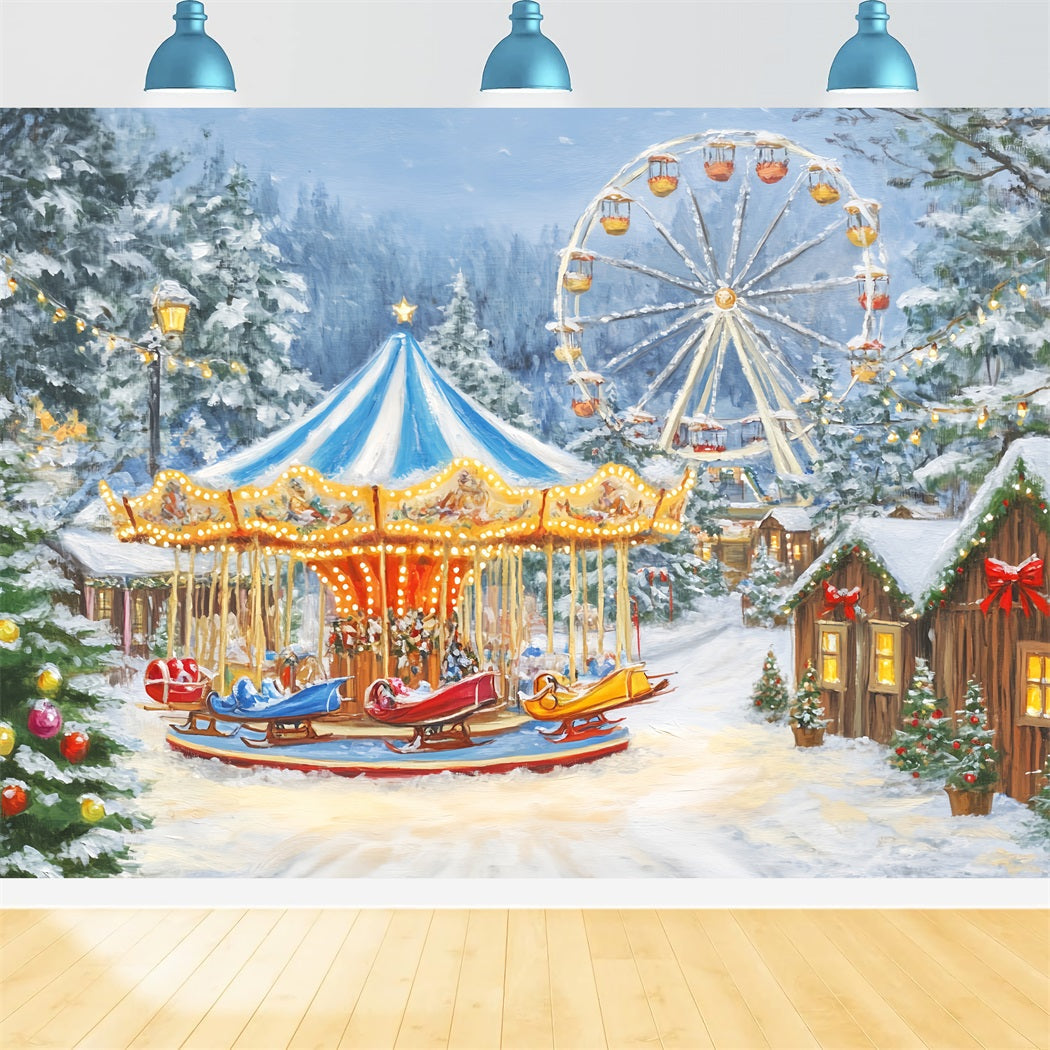 Christmas Village Backdrop Winter Carnival Carousel Lights Christmas Photo Backdrop UK LXX59-194