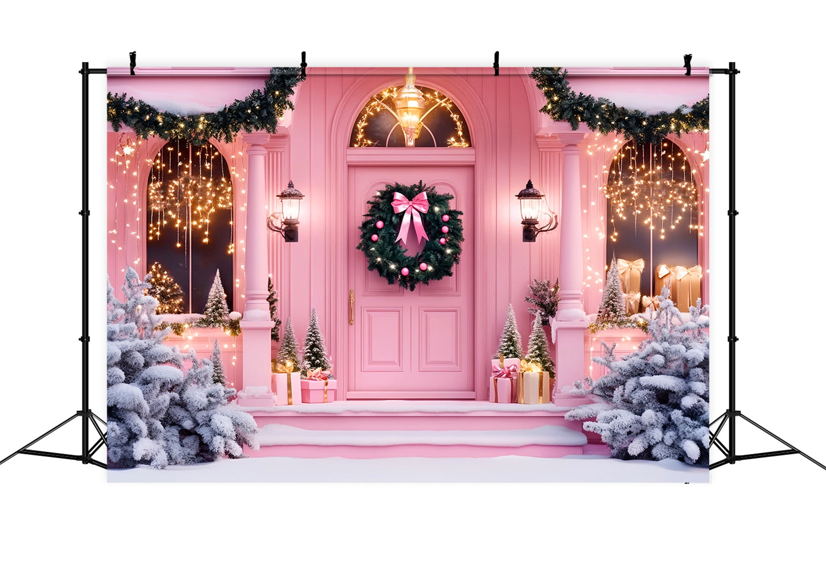 Pink Christmas Backdrop Holiday Door Entrance Christmas Photography Backdrops UK LXX59-198