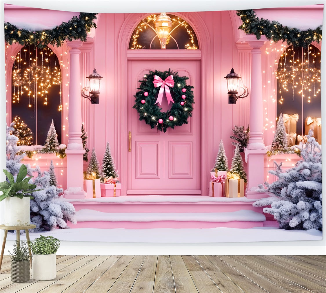 Pink Christmas Backdrop Holiday Door Entrance Christmas Photography Backdrops UK LXX59-198